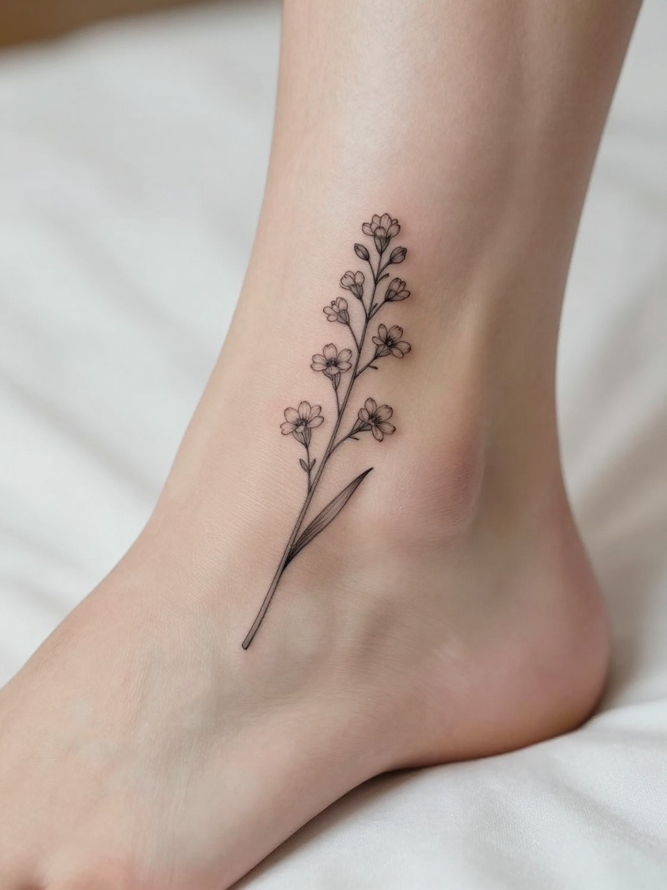 Image Prompt: "Macro shot of a minimalist larkspur tattoo on the ankle, black ink fine line floral design with tiny blossoms on a slender stem and very subtle shading, realistic skin texture, neutral pedicure, soft bedding in the background, design-first composition, modern feminine tattoo inspiration photo, tattoo clearly in focus (no watermarks on images)"