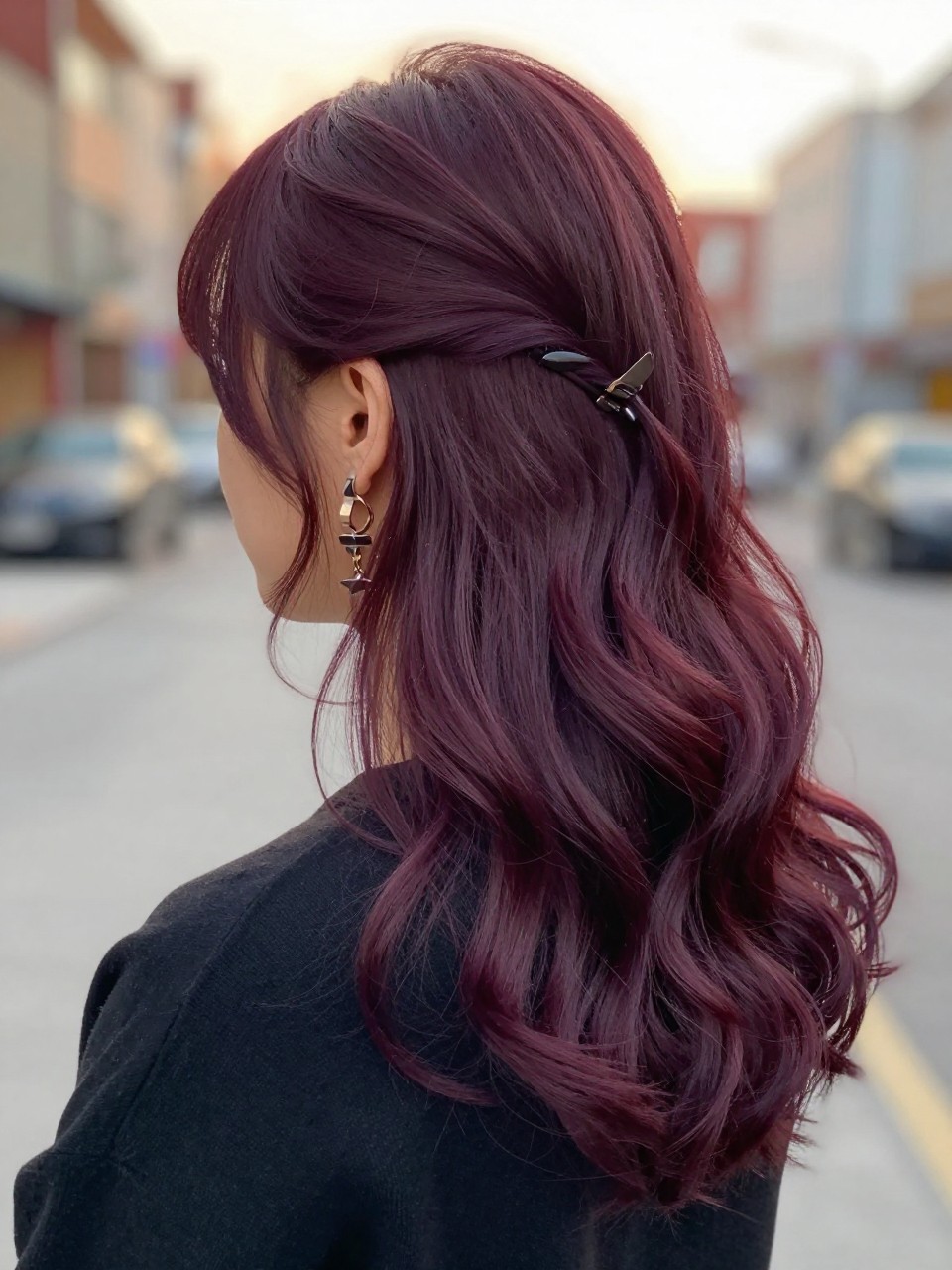 Photo of a woman wearing violet mahogany hair in loose glossy waves, back-of-head view to highlight the purple-red shine, softly blurred city street background, golden hour glow, with a hair clip clipped to her collar and statement earrings peeking through, latest iPhone photo quality.