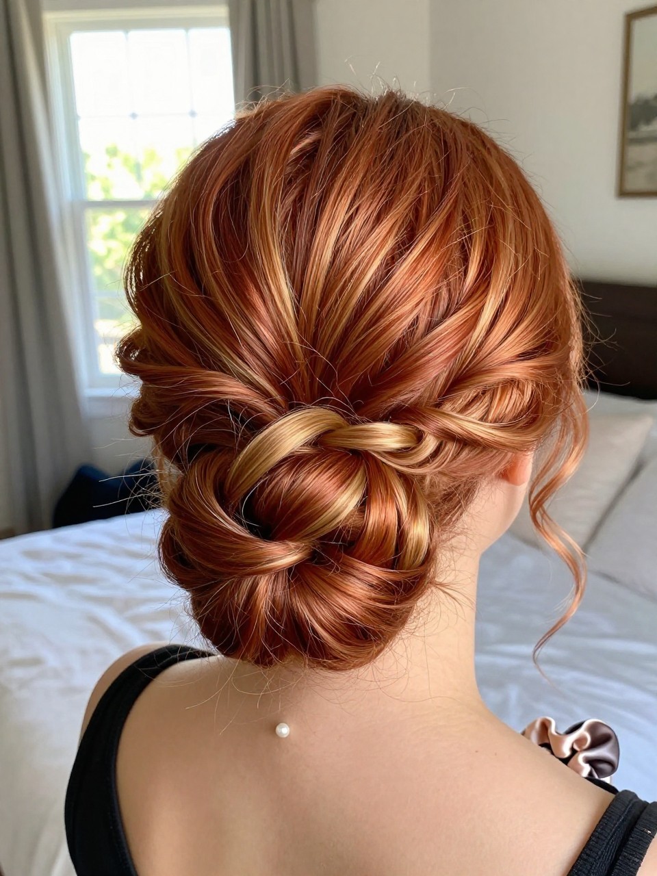Photo of a woman wearing a low textured bun on copper hair with blonde highlights woven through the twists, back-of-head view to highlight details, in a sun-drenched bedroom, natural window light, containing a small lived-in detail such as a pearl pin and a silk scrunchie on the wrist, latest iPhone photo quality.