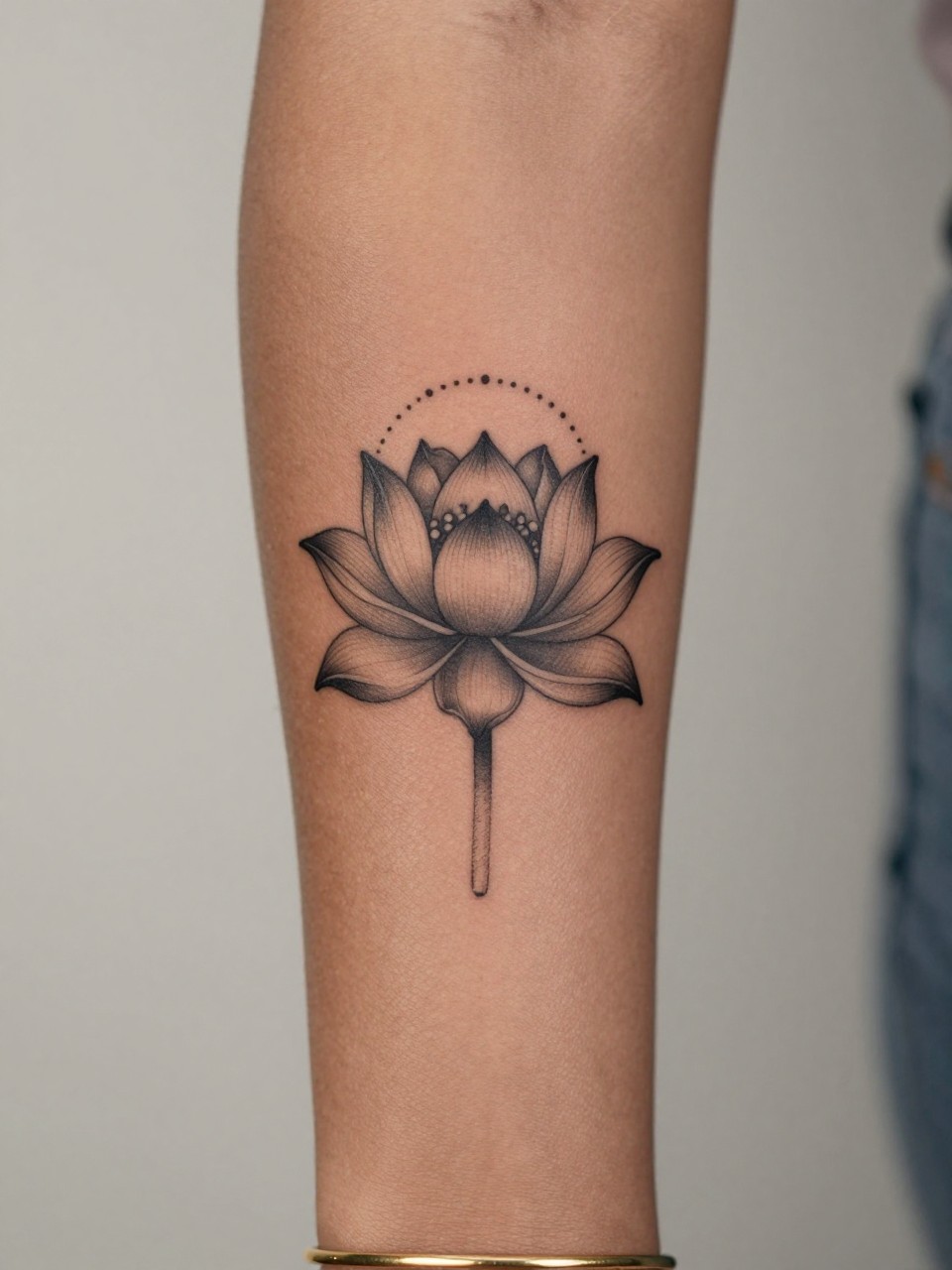 Image Prompt: "Tight crop of a black ink lotus flower tattoo with a dotwork halo above it on the upper forearm of black feminine woman, fine line petals, clean dot accents, medium-small size, soft shading, realistic skin texture, gold bracelet lightly visible, feminine lifestyle detail kept minimal, close-up tattoo visibility, soft neutral background, realistic inspiration photo (no watermarks on images)"