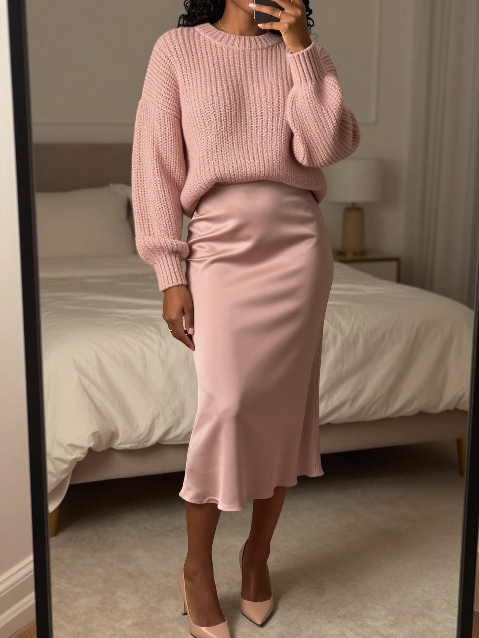 mirror selfie of a black woman wearing a dusty pink chunky knit sweater tucked into a matching dusty pink satin midi skirt creating a monochrome look, with nude pointed heels and minimal gold jewelry, standing in a sophisticated pose, cropped at NECK so face doesn't show, in a feminine-themed bedroom, warm moody lighting, iPhone photo quality.