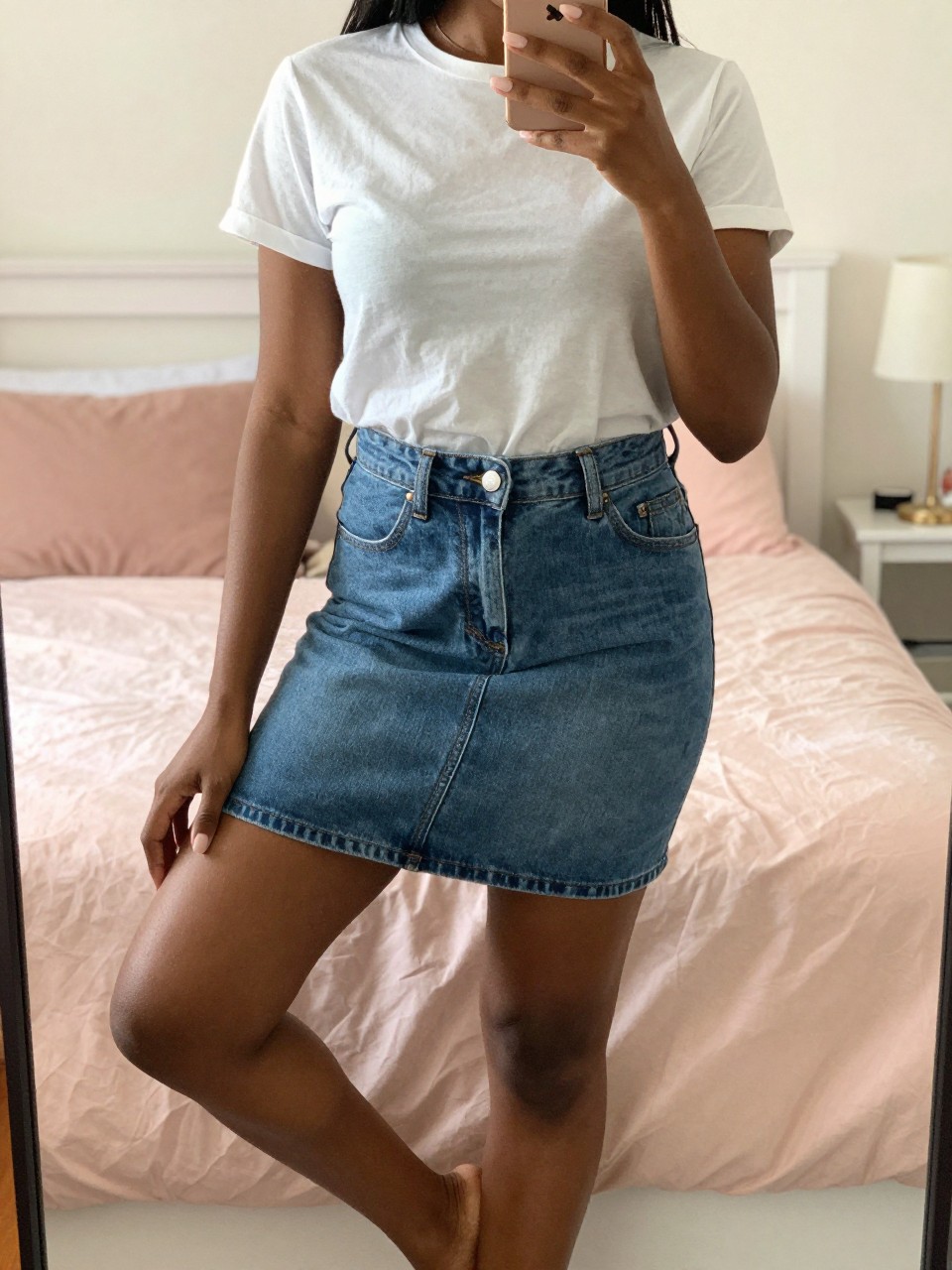 iPhone mirror selfie of a Black woman wearing a medium wash denim skirt with a white t-shirt tucked in, standing with her weight on one leg and phone held casually, cropped at NECK so face doesn't show, in a bright feminine-themed bedroom, warm moody lighting, iPhone photo quality.