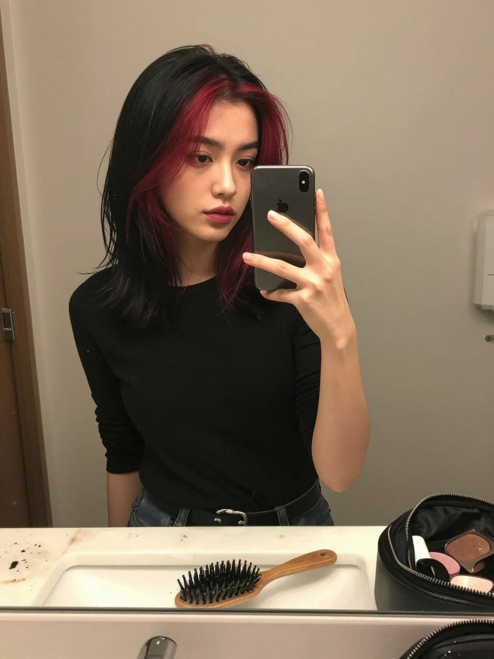 Photo of a woman wearing a sleek black lob with ruby red face-framing highlights, candid mirror selfie, at a bathroom vanity mirror, soft indoor lighting, containing a small lived-in detail such as a hairbrush on the vanity and a makeup bag nearby, latest iPhone photo quality.