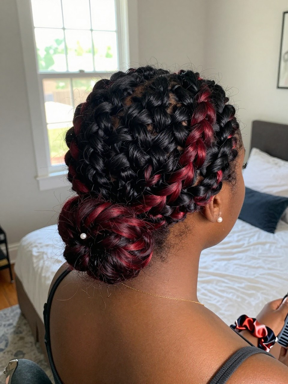 Photo of a black woman wearing a low textured bun on black hair with red peekaboo highlights woven through the twists, back-of-head view to highlight details, in a sun-drenched bedroom, natural window light, containing a small lived-in detail such as a pearl pin and a silk scrunchie on the wrist, latest iPhone photo quality.