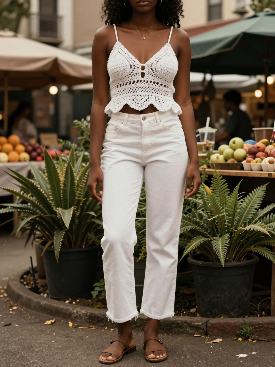 photo of a black woman in a white crochet top and white jeans with flat sandals, standing in a garden or at an outdoor market, cropped at NECK so face doesn't show, in a city apartment, warm moody lighting, iPhone photo quality.