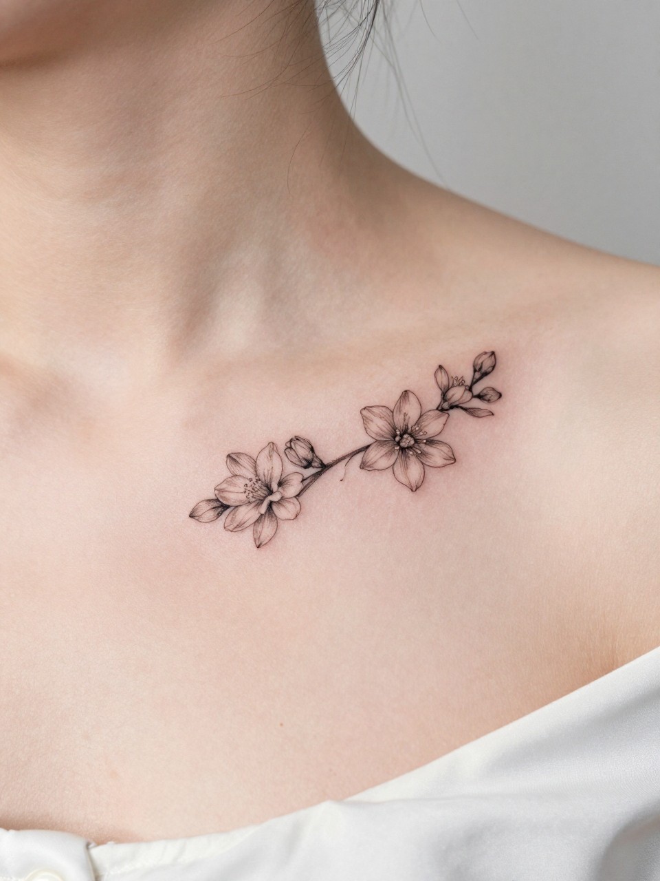 Image Prompt: "Close-up of two tiny jasmine tattoos along the collarbone, black ink fine line floral design with soft petals and light shading, realistic skin texture, satin blouse neckline barely visible, feminine clean composition, close-up tattoo visibility, soft minimal background, tattoo is the clear main subject (no watermarks on images)"