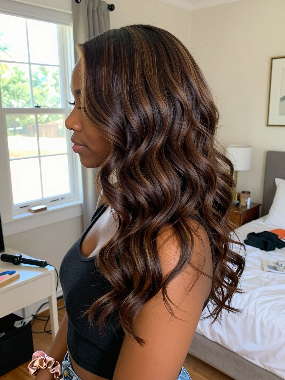 Photo of a black woman wearing soft chocolate brown waves with deep espresso highlight ribbons woven through the lengths, side profile view, in a sun-drenched bedroom, natural window light, containing a small lived-in detail such as a curling iron on the counter and a silk scrunchie on the wrist, latest iPhone photo quality.