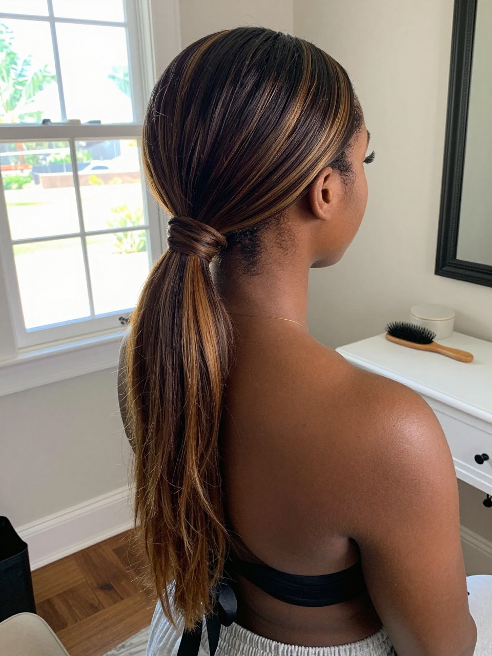 Photo of a Black woman wearing a sleek low ponytail with dark hair and honey brown highlights through the tail and ends, back-of-head view to highlight details, in a sun-drenched bedroom, natural window light, containing a small lived-in detail such as a black ribbon tied at the base and a hairbrush on the vanity, latest iPhone photo quality.