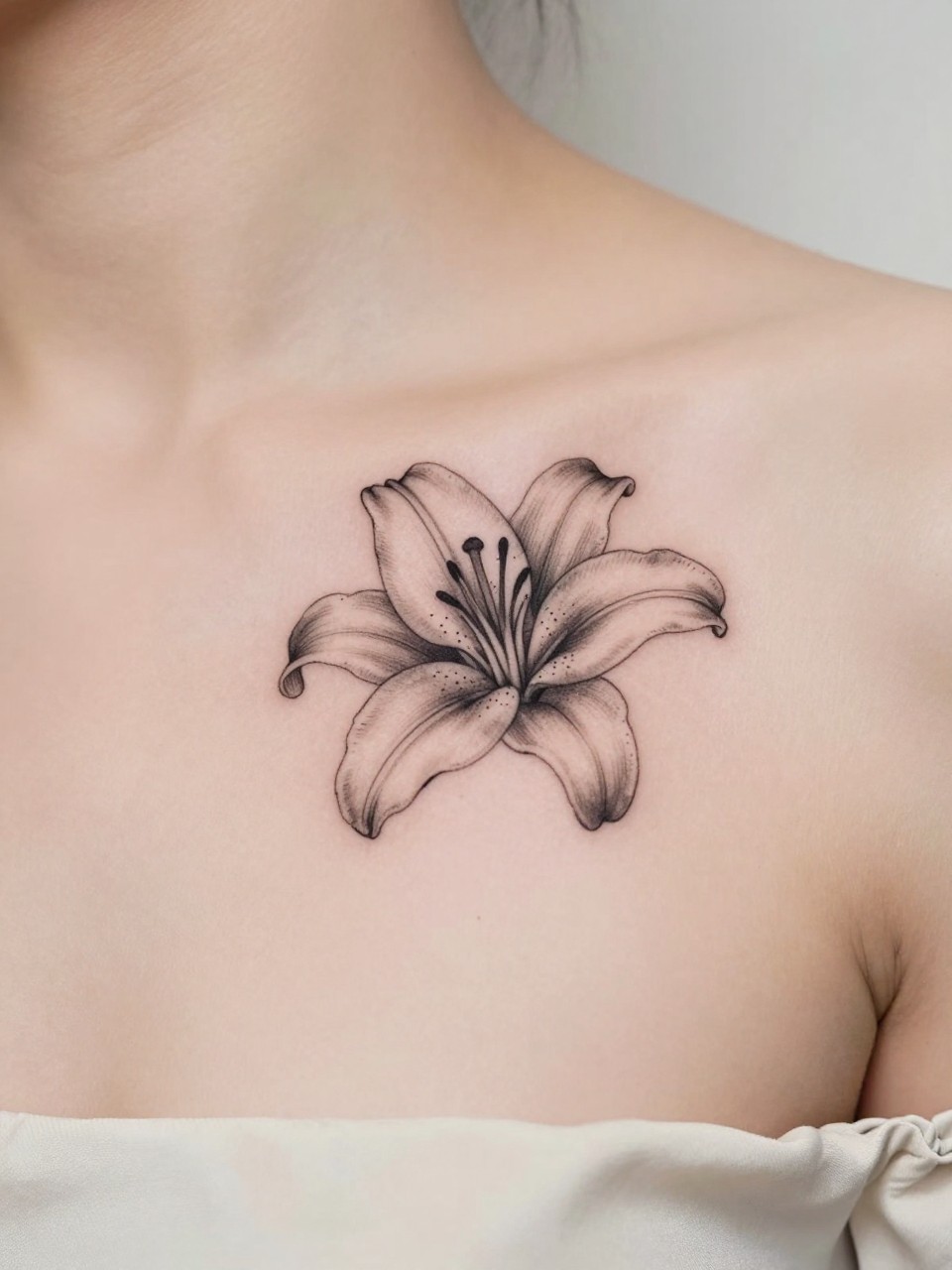 Image Prompt: "Design-focused close-up of a small lily flower tattoo on the collarbone, black ink fine line design with clean petal shape, soft shading, realistic skin texture, silk blouse neckline barely visible, feminine clean composition, close-up tattoo visibility, soft minimal background, tattoo is the clear hero (no watermarks on images)"