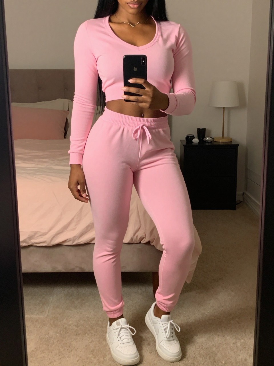 mirror selfie of a black woman in a bubblegum pink sweatsuit with white sneakers, standing casually with phone near waist, cropped at NECK so face doesn't show, in a feminine-themed bedroom, warm moody lighting, iPhone photo quality.