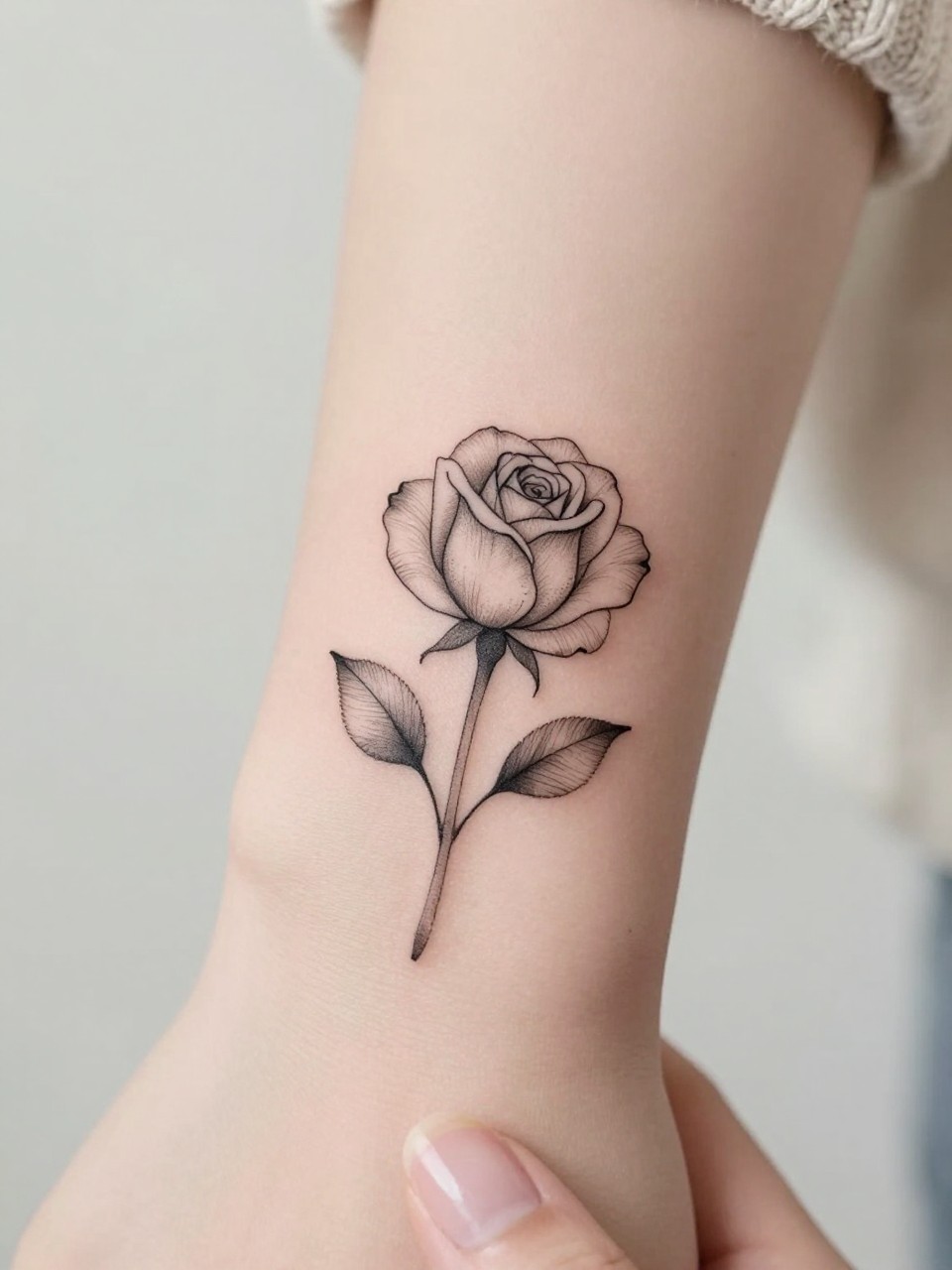 Image Prompt: "Extreme close-up of a fine line rose flower tattoo on the inner wrist, delicate black ink floral design with clean petal outlines, subtle soft grey shading, minimalist elegant style, realistic skin texture, neutral manicure, soft knit sweater sleeve slightly visible, design-focused close-up, clean soft background, modern feminine tattoo inspiration photo, tattoo is the clear main subject (no watermarks on images)"