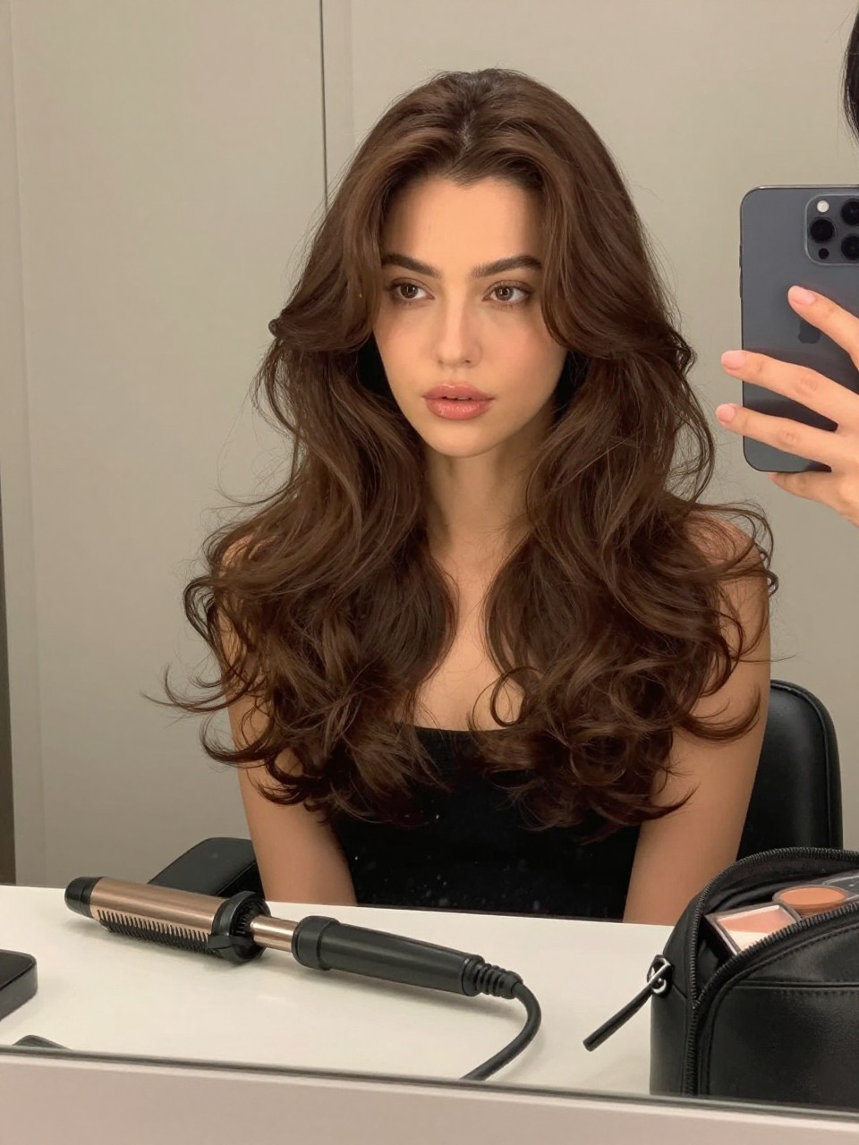 Photo of a woman wearing chestnut chocolate brown hair in soft loose curls, candid mirror selfie, bathroom vanity mirror setting, soft indoor lighting, with a curling iron on the counter and a makeup bag nearby, latest iPhone photo quality.