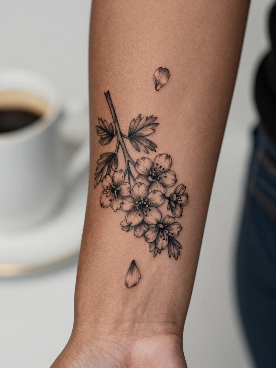 Image Prompt: "Extreme close-up of a hawthorn flower tattoo with a few falling petals on the forearm of a black feminine woman, black ink fine line floral design, delicate petal movement, soft shading, realistic skin texture, coffee cup softly blurred nearby, modern feminine tattoo inspiration image, minimal background, tattoo-centered composition (no watermarks on images)"