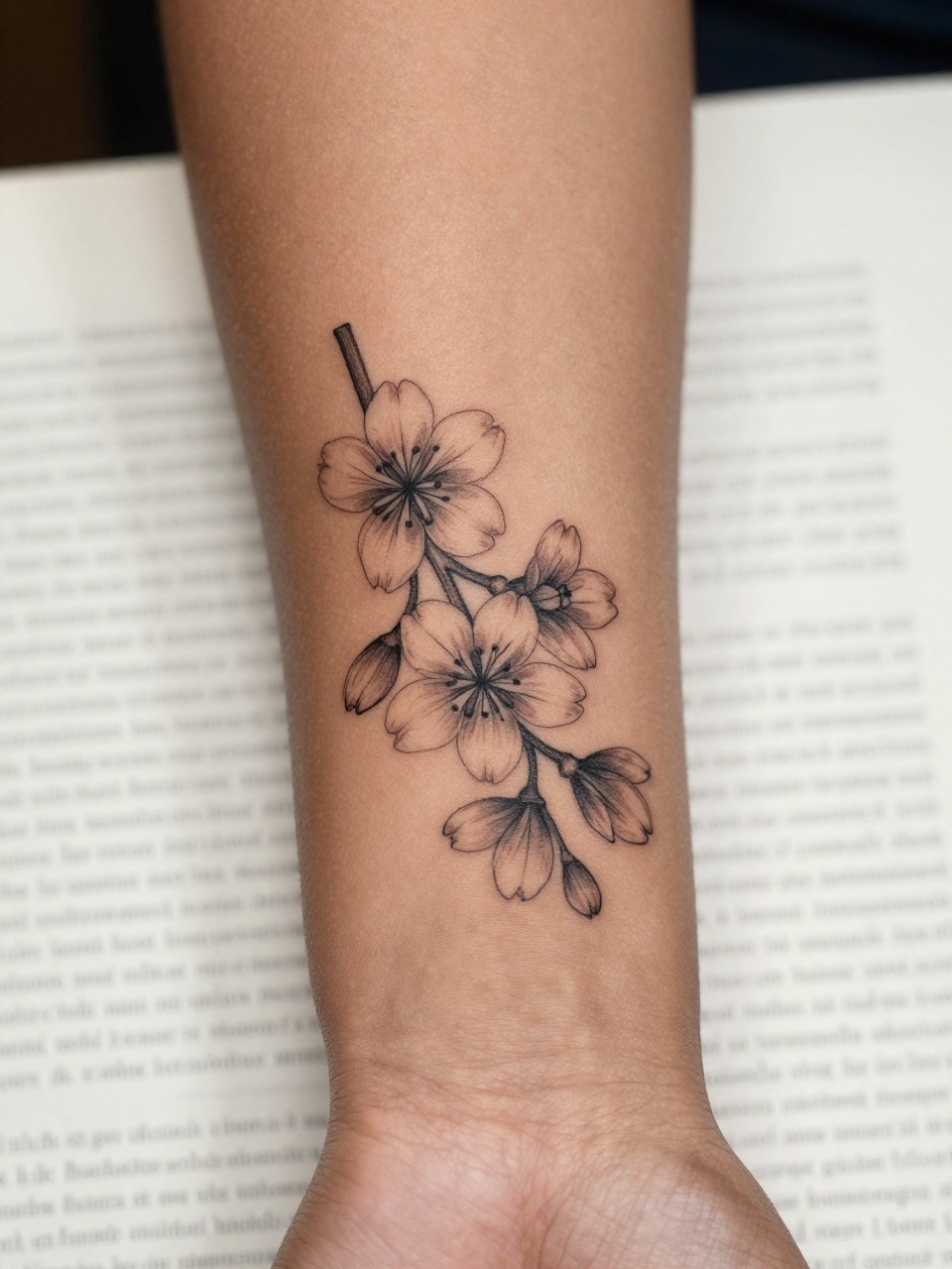 Image Prompt: "Close-up of a sakura flower tattoo with tiny handwritten name script on the inner forearm of black feminine woman, black ink fine line floral design, delicate cherry blossom petals, soft shading, elegant cursive detail, realistic skin texture, book page underneath the arm, feminine soft lifestyle context, clean background, tattoo-centered inspiration photo (no watermarks on images)"
