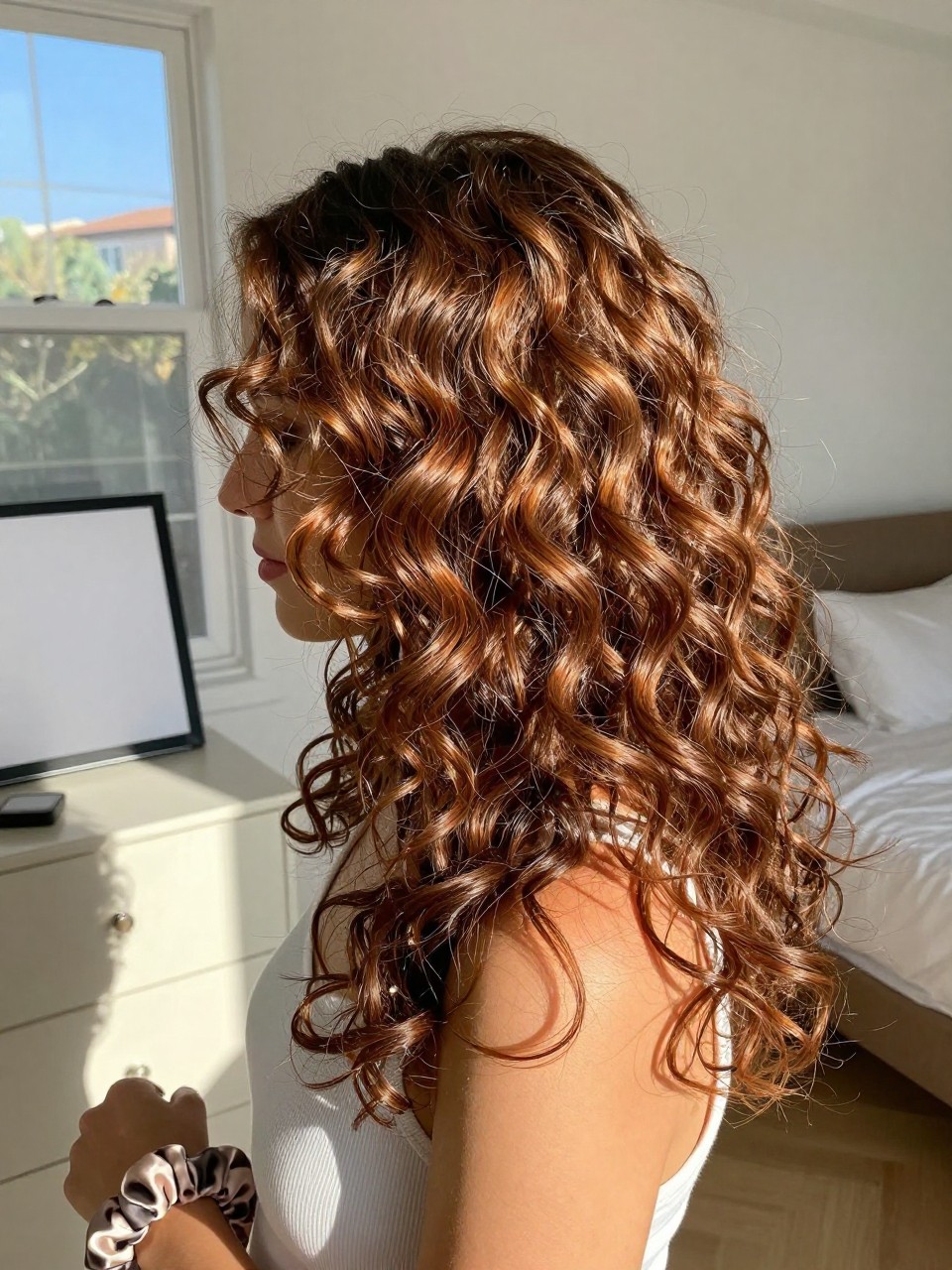 Photo of a woman wearing bronze brown summer curls with soft definition and warm shine, side profile view, sun-drenched bedroom setting, natural window light, with a diffuser on the dresser and a silk scrunchie on her wrist, latest iPhone photo quality.