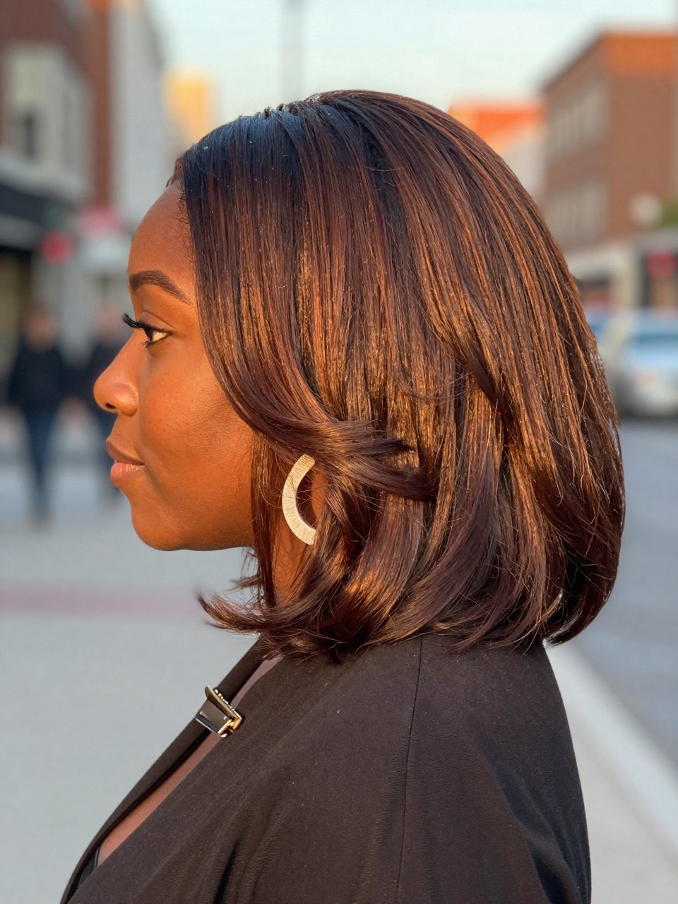 Photo of a black woman wearing chocolate brown hair with bronze shine in a soft smooth blowout, side profile view, softly blurred city street background, golden hour glow, with statement earrings peeking through and a hair clip clipped to her collar, latest iPhone photo quality.