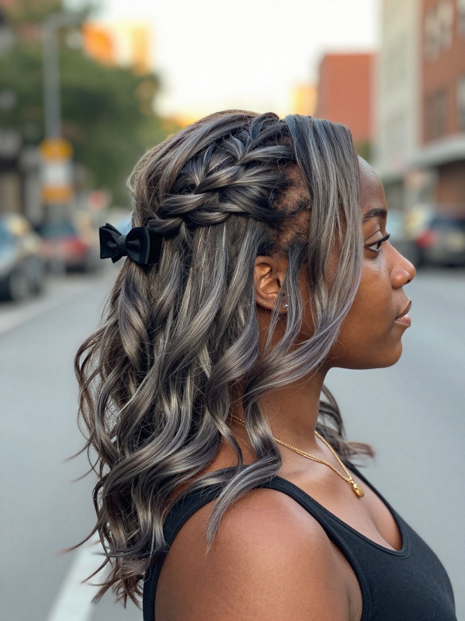 Photo of a black woman wearing a half-up twisted hairstyle on ash brown hair with cool-toned highlights through the loose lengths, side profile view, in a softly blurred city street background, golden hour glow, containing a small lived-in detail such as a bow clip at the back and layered necklaces, latest iPhone photo quality.