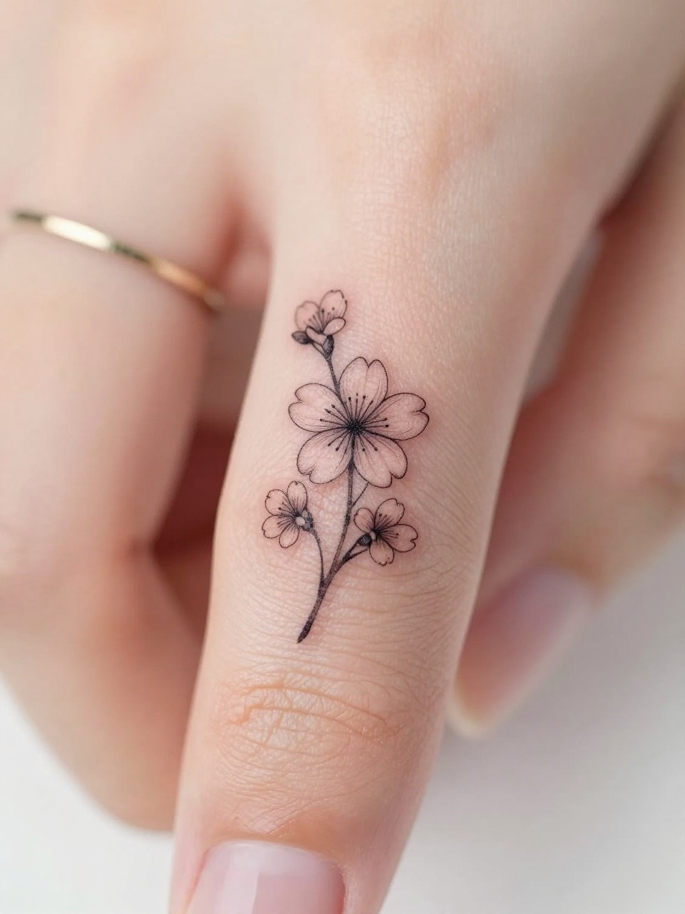 Image Prompt: "Macro shot of a micro sakura tattoo on the side of the finger, black ink fine line floral design, tiny stem and delicate cherry blossom petals, minimalist micro tattoo style, realistic skin texture, delicate rings, neutral manicure, very tight crop, soft blurred background, feminine tattoo inspiration photo with tattoo as the main focus (no watermarks on images)"
