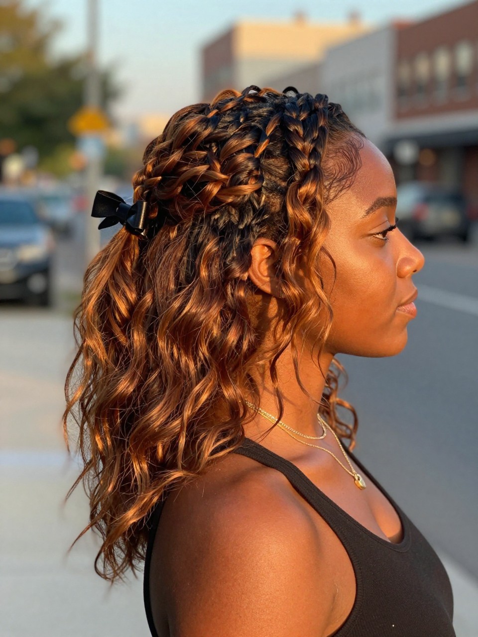 Photo of a Black woman wearing a half-up twisted hairstyle on brown hair with warm highlights through the loose lengths, side profile view, in a softly blurred city street background, golden hour glow, containing a small lived-in detail such as a bow clip at the back and layered necklaces, latest iPhone photo quality.