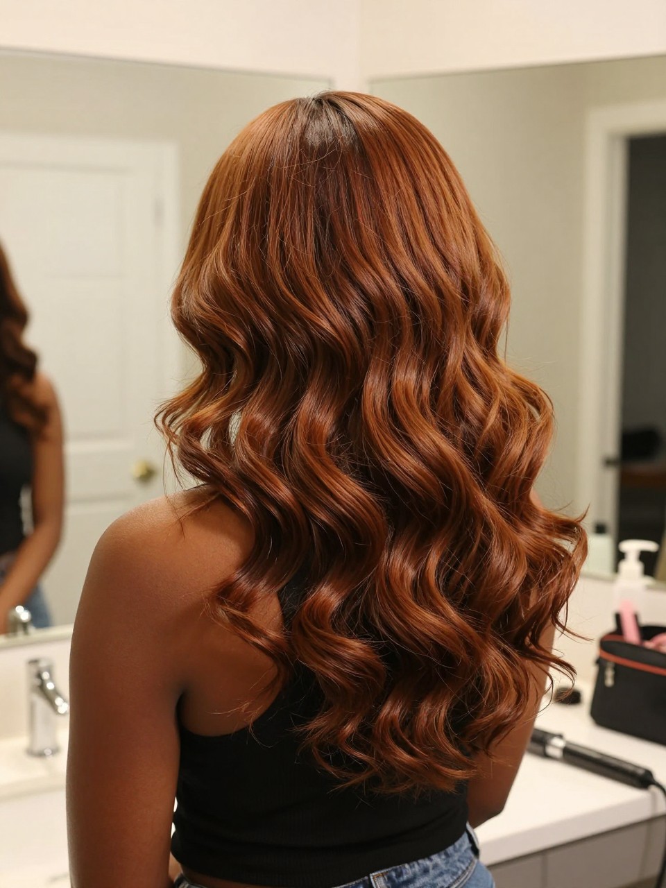 Photo of a black woman wearing cinnamon brown shiny hair in loose summer waves, back-of-head view to highlight the warm brown-red tone, bathroom vanity mirror setting, soft indoor lighting, with a curling wand on the counter and a makeup bag nearby, latest iPhone photo quality.