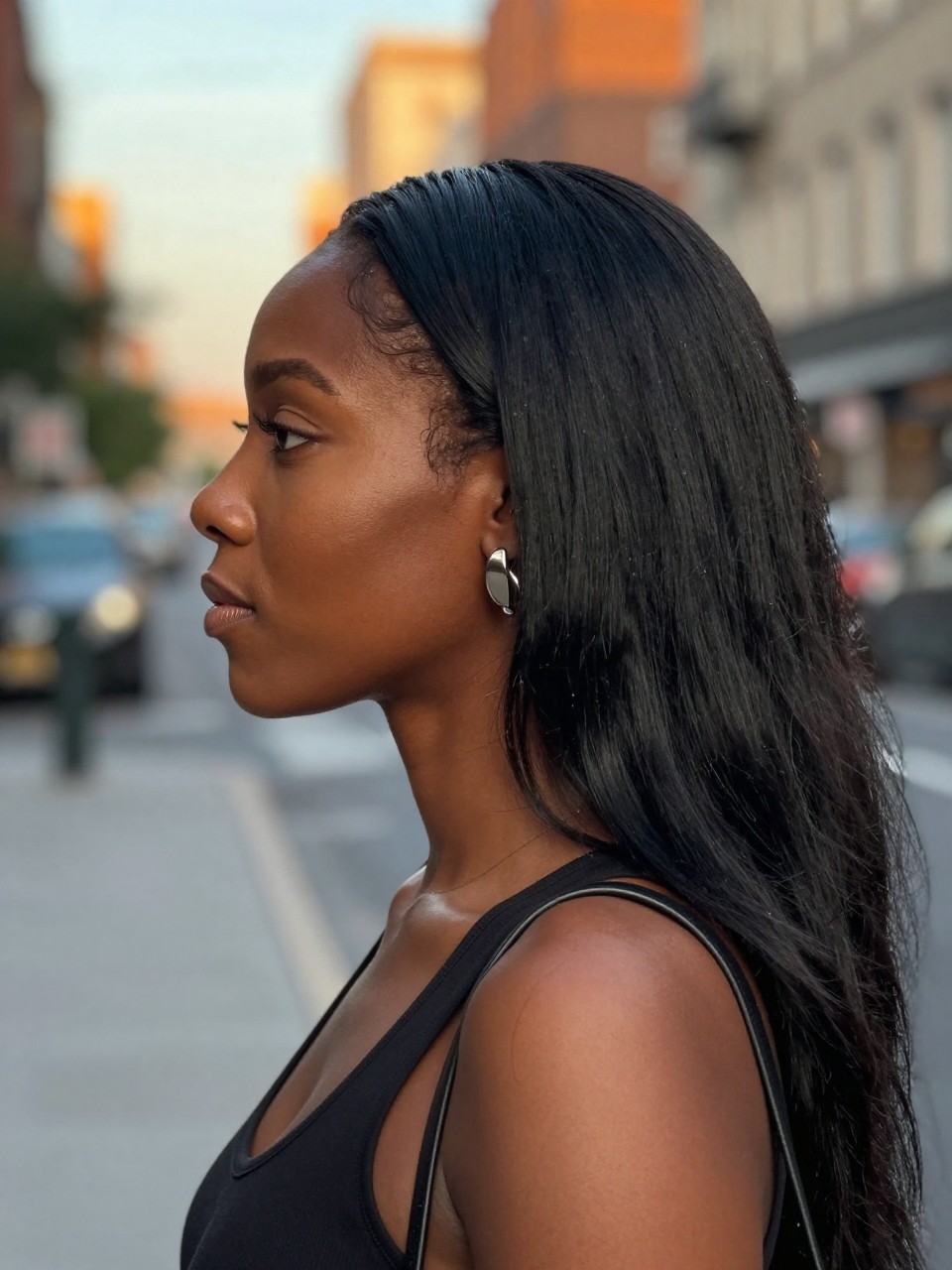 Photo of a black woman wearing long straight black hair, side profile view, in a softly blurred city street background, golden hour glow, containing a small lived-in detail such as statement earrings peeking through and a crossbody strap on the shoulder, latest iPhone photo quality.