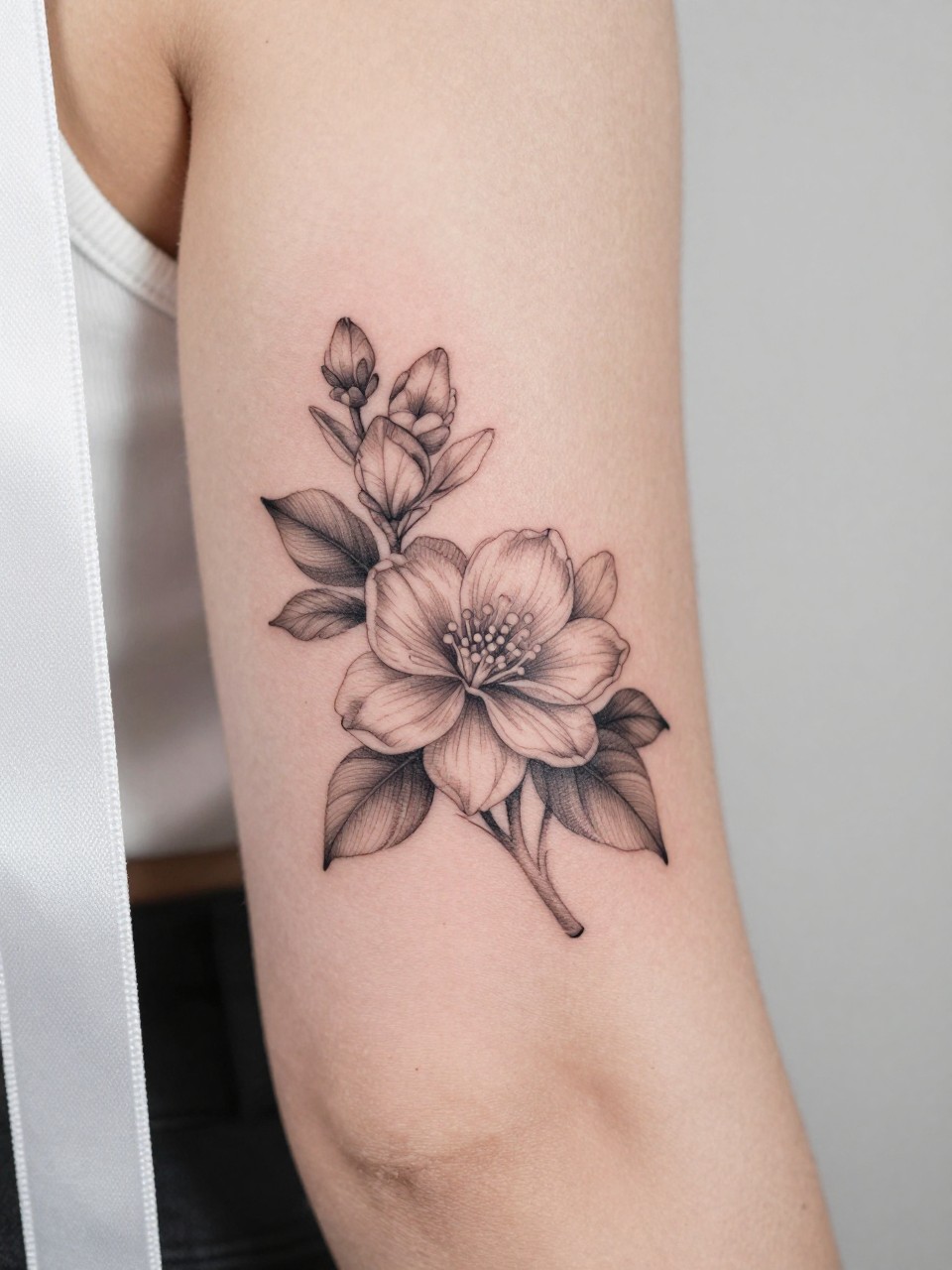 Image Prompt: "Design-focused close-up of a jasmine tattoo on the inner bicep, black ink fine line floral style, soft petals with subtle shading, realistic skin texture, satin ribbon nearby as a subtle feminine detail, tight crop, minimal soft background, modern lifestyle-inspired tattoo image, tattoo is the clear main subject (no watermarks on images)"