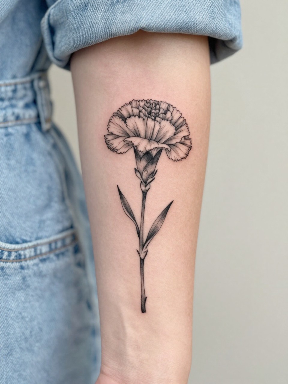 Image Prompt: "Close-up of a single carnation stem tattoo on the forearm, black ink fine line floral design with ruffled bloom, slender stem, soft grey shading, realistic skin texture, light denim sleeve softly blurred near the edge, design-first composition, feminine modern tattoo inspiration photo, minimal background (no watermarks on images)"