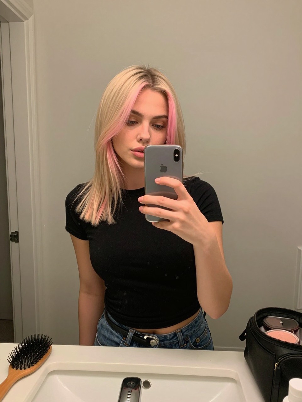 Photo of a woman wearing a sleek blonde lob with pink face-framing highlights, candid mirror selfie, at a bathroom vanity mirror, soft indoor lighting, containing a small lived-in detail such as a hairbrush on the vanity and a makeup bag nearby, latest iPhone photo quality.