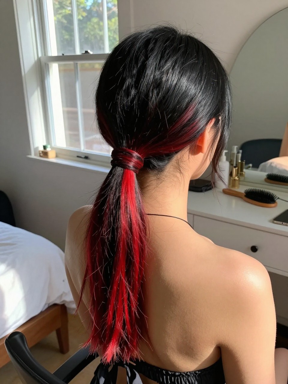 Photo of a woman wearing a sleek low ponytail with black hair and red highlights through the tail and ends, back-of-head view to highlight details, in a sun-drenched bedroom, natural window light, containing a small lived-in detail such as a black ribbon tied at the base and a hairbrush on the vanity, latest iPhone photo quality.