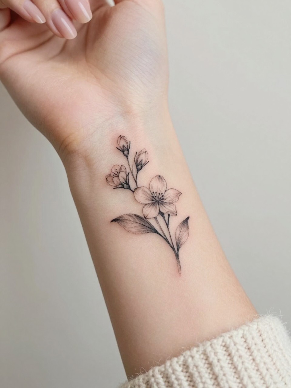 Image Prompt: "Extreme close-up of a fine line jasmine flower tattoo on the inner wrist, delicate black ink floral design with tiny star-shaped petals, subtle grey shading, minimalist feminine style, realistic skin texture, neutral manicure, soft knit sweater sleeve slightly visible, design-focused close-up, clean soft background, modern tattoo inspiration photo, tattoo is the clear main subject (no watermarks on images)"