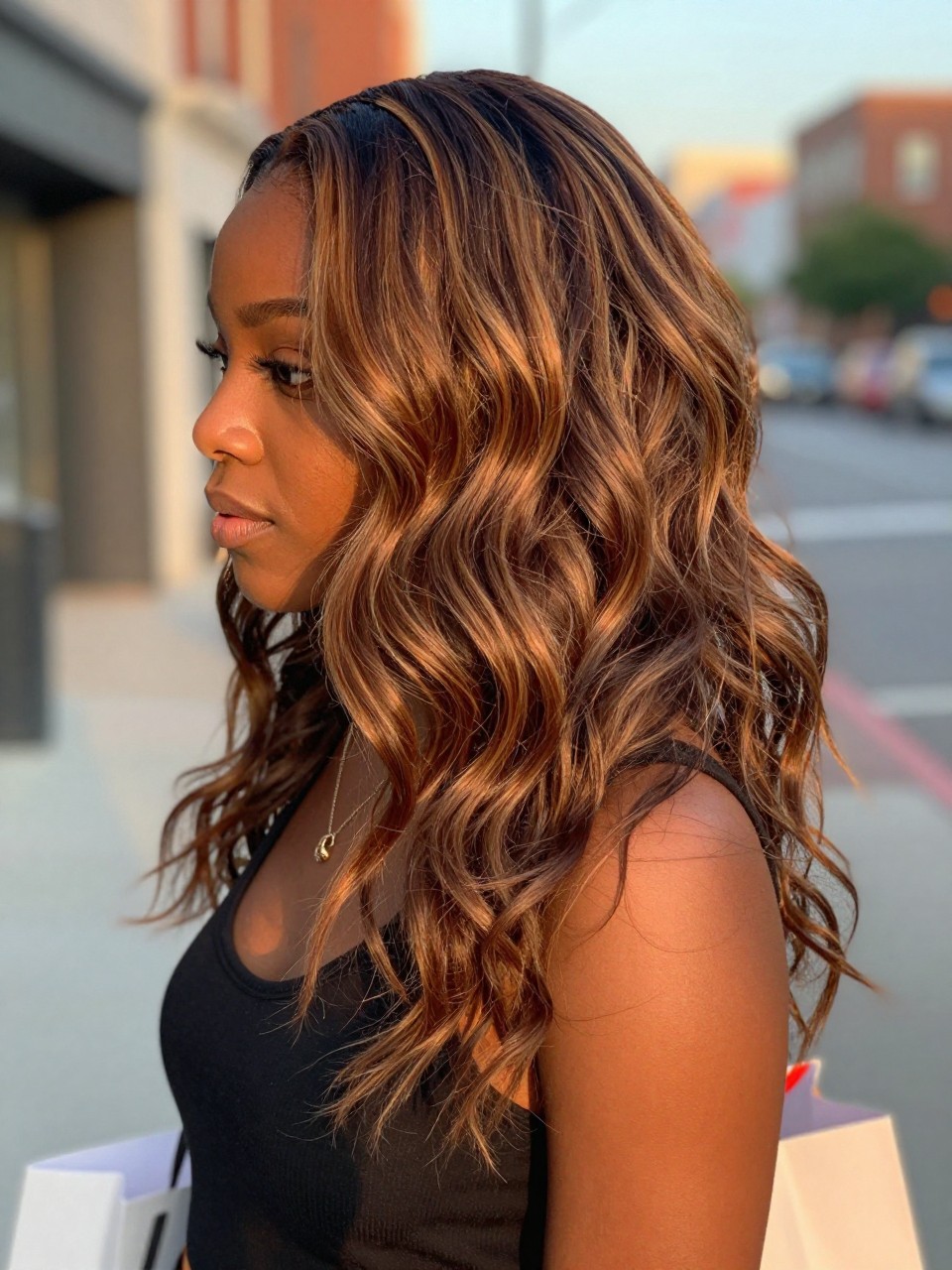 Photo of a Black woman wearing beachy brown waves with bronze highlight streaks and soft texture, side profile view, in a softly blurred city street background, golden hour glow, containing a small lived-in detail such as a headband pushed back and a few shopping bags nearby, latest iPhone photo quality.