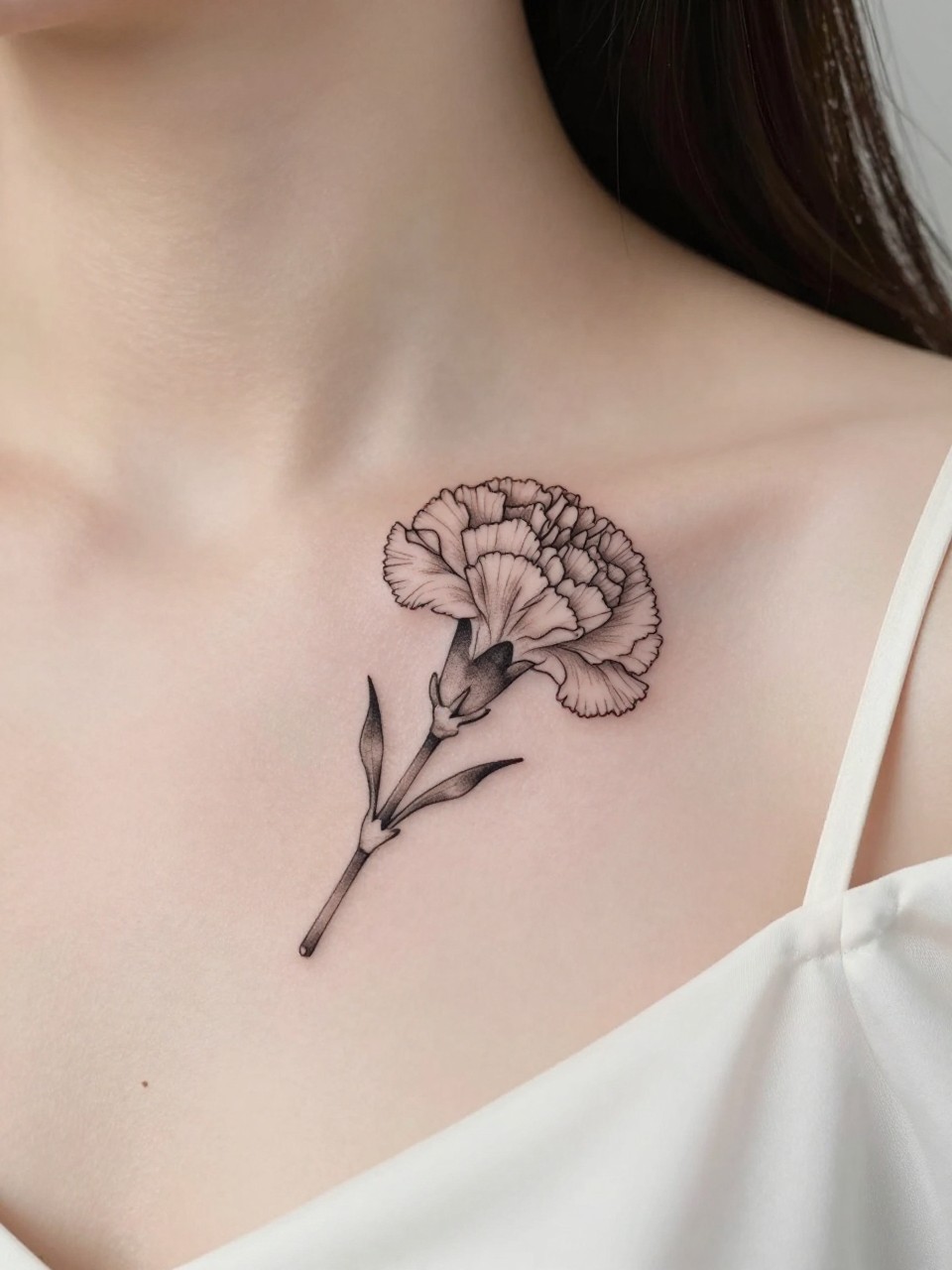 Image Prompt: "Design-focused close-up of a small carnation flower tattoo on the collarbone, black ink fine line design with delicate ruffled petals, soft shading, realistic skin texture, silk blouse neckline barely visible, feminine clean composition, close-up tattoo visibility, soft minimal background, tattoo is the clear hero (no watermarks on images)"