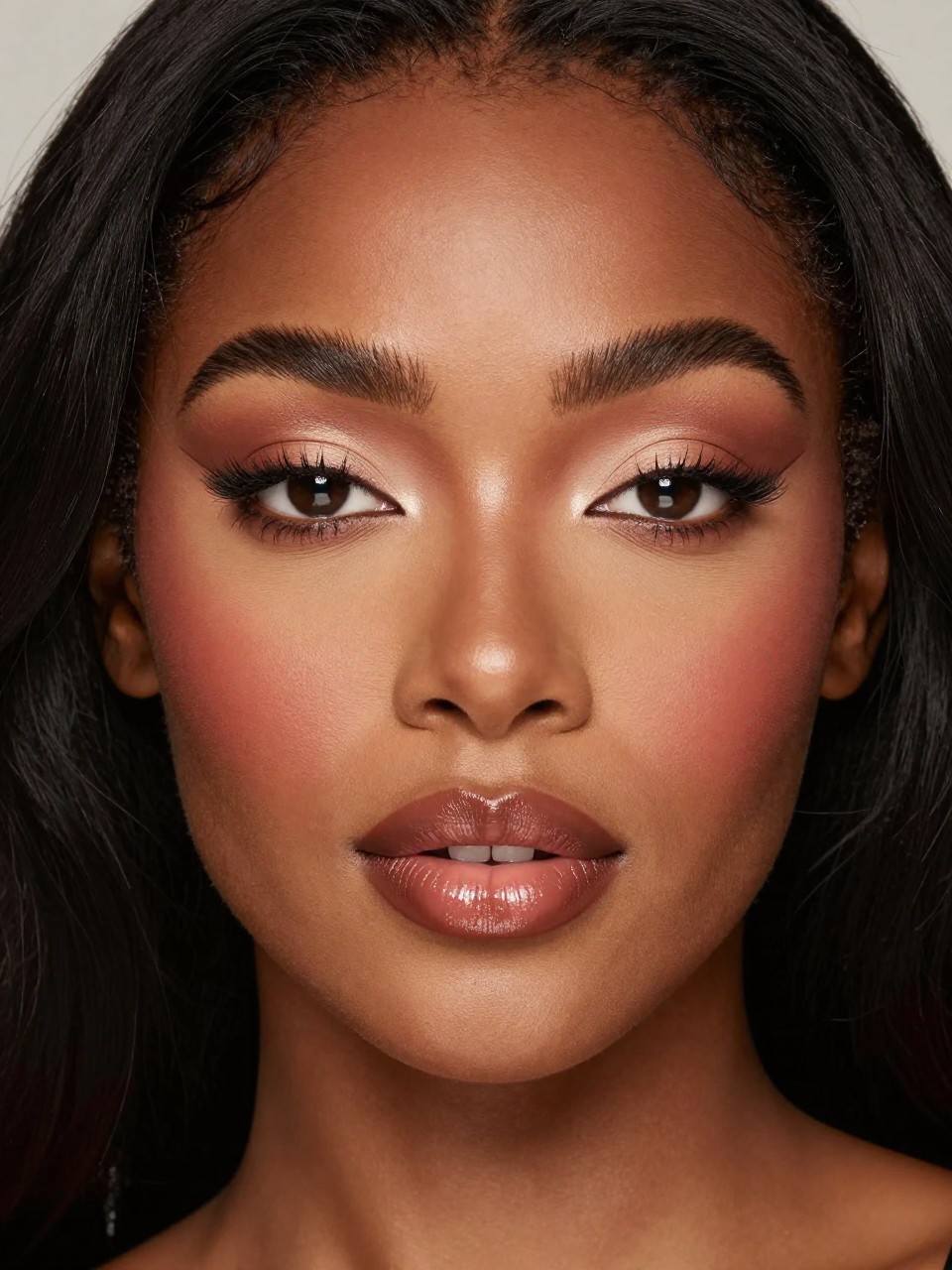 IMAGE_PROMPT: Super realistic close-up beauty portrait of a Black woman wearing classy nude makeup with warm beige matte eyeshadow blended across the lids, caramel brown outer corners, soft radiant skin, terracotta-rose blush, glossy brown nude lips, lifted natural lashes, and full softly brushed brows, shot from a front-facing portrait, with diffused beauty studio lighting that clearly reveals the skin finish, eye blending, and lip gloss shine, realistic skin texture, softly styled black hair framing the face, minimal neutral background, feminine modern beauty photography, latest iPhone photo quality (no watermarks on images).