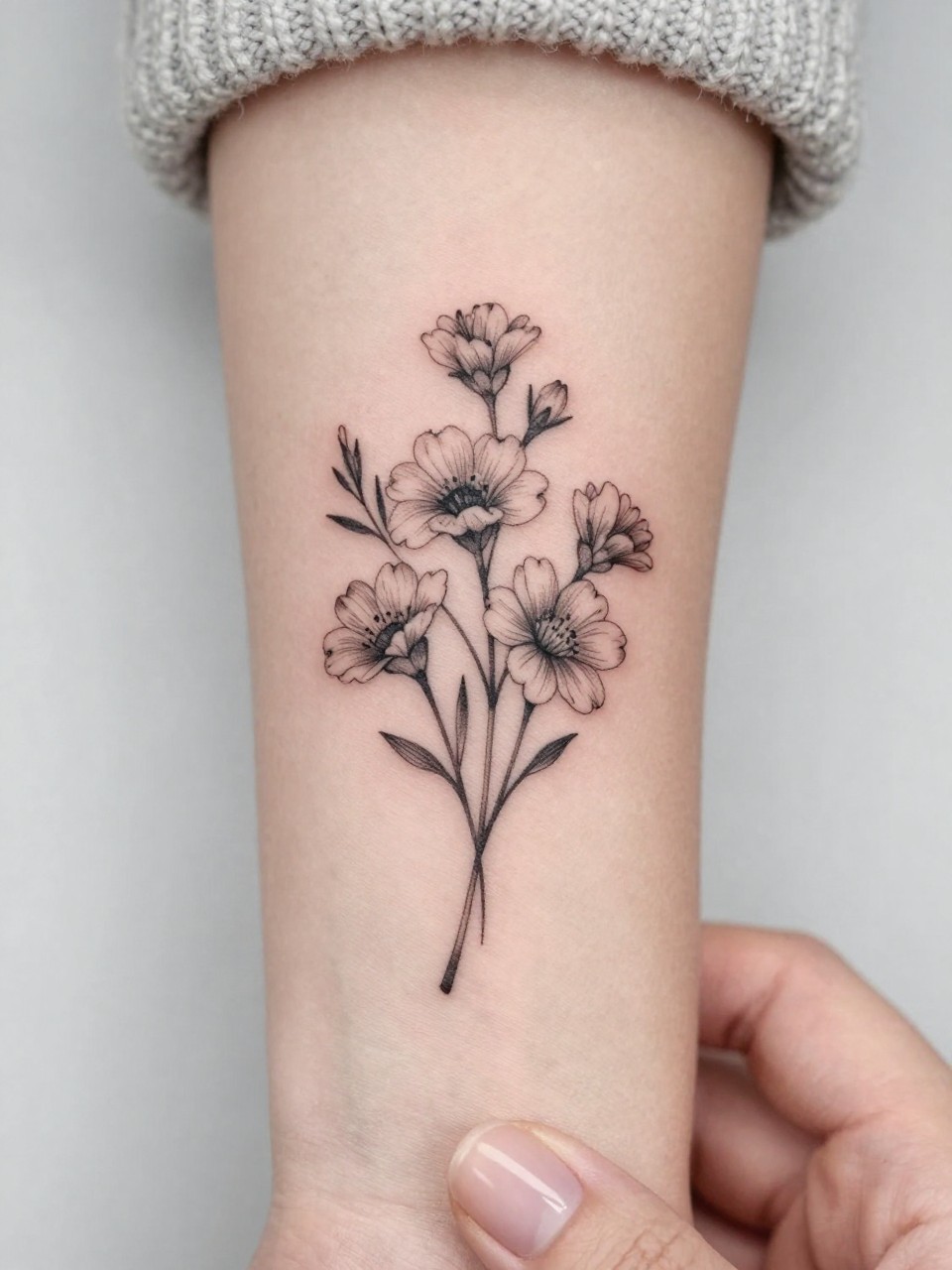 Image Prompt: "Extreme close-up of a small fine line flower bouquet tattoo on the forearm, black ink floral design with multiple delicate blooms, soft shading, elegant stem arrangement, realistic skin texture, neutral manicure, soft knit fabric slightly visible, design-focused tattoo inspiration photo, clean minimal background (no watermarks on images)"