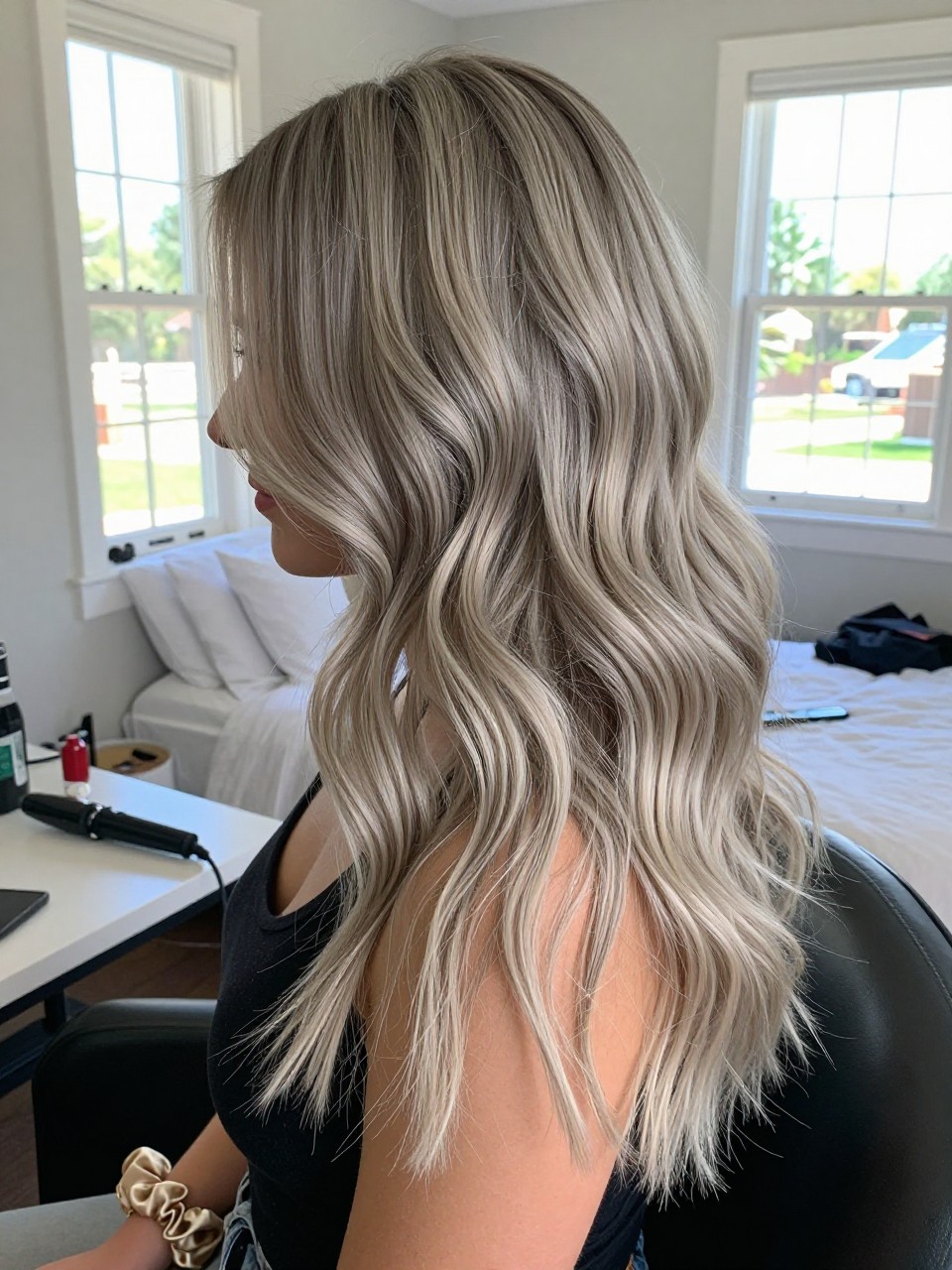 Photo of a woman wearing soft grey blonde waves with smoky ashy highlight ribbons running through the mid-lengths and ends, side profile view, in a sun-drenched bedroom, natural window light, containing a small lived-in detail such as a curling iron on the counter and a silk scrunchie on the wrist, latest iPhone photo quality.