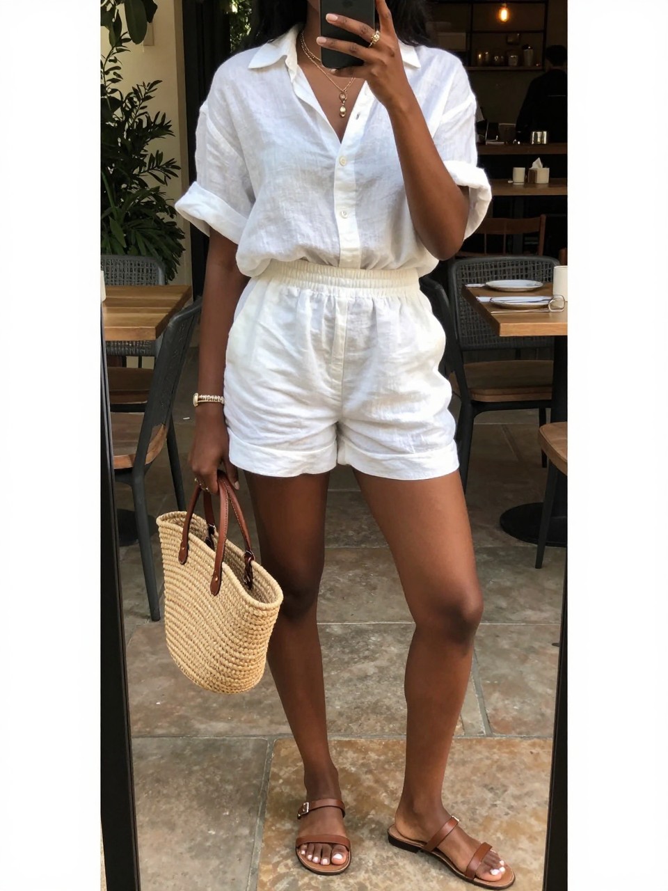 mirror selfie of a black woman in a white linen shorts set and flat sandals with a straw bag, standing at an outdoor cafe or garden, cropped at NECK so face doesn't show, at a winery, warm moody lighting, iPhone photo quality.