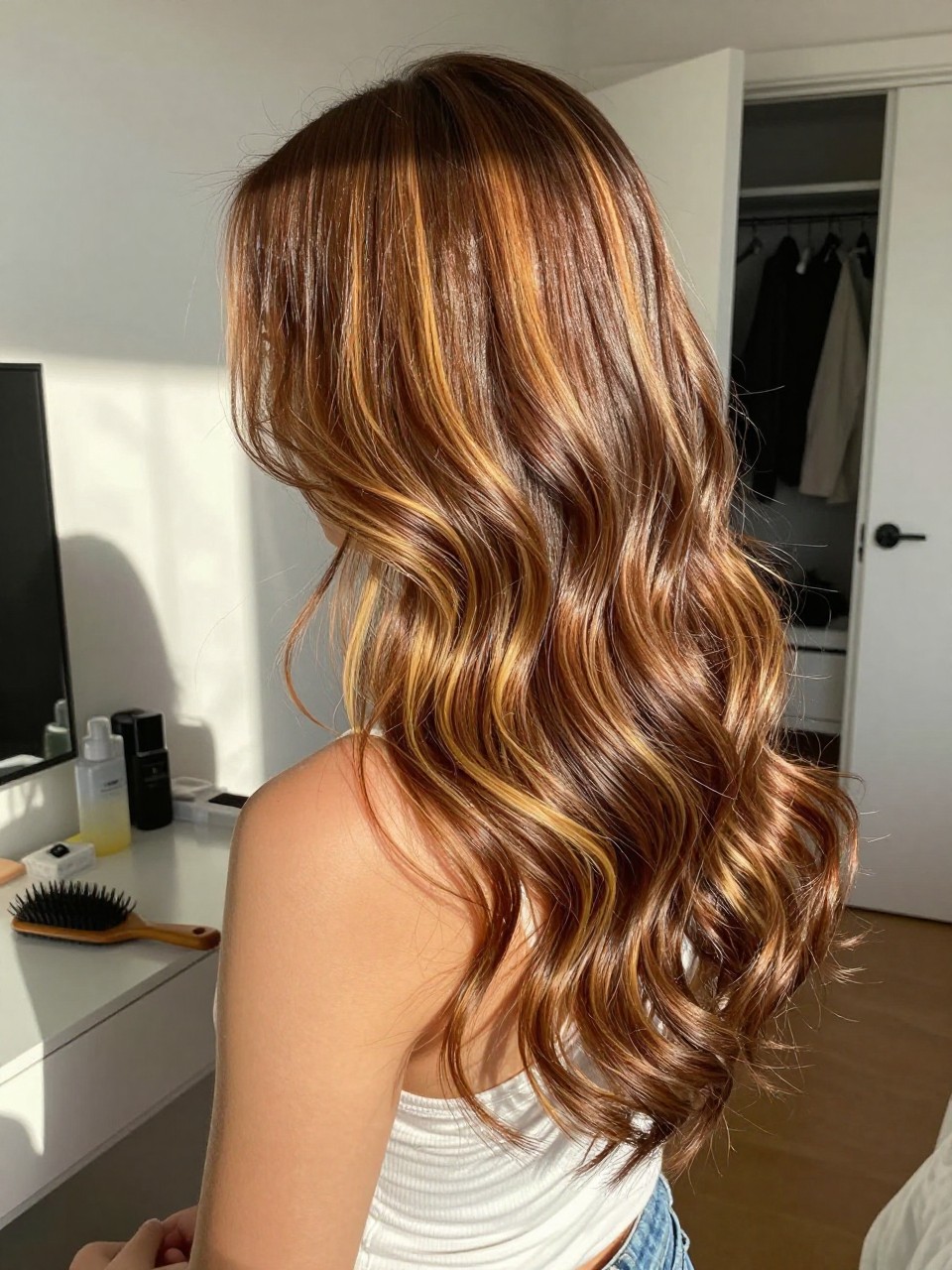 Photo of a woman wearing chestnut brown hair with golden highlights in soft loose waves, back-of-head view to highlight the golden pieces, sun-drenched bedroom setting, natural window light, with a hairbrush on the vanity and a slightly open closet behind, latest iPhone photo quality.