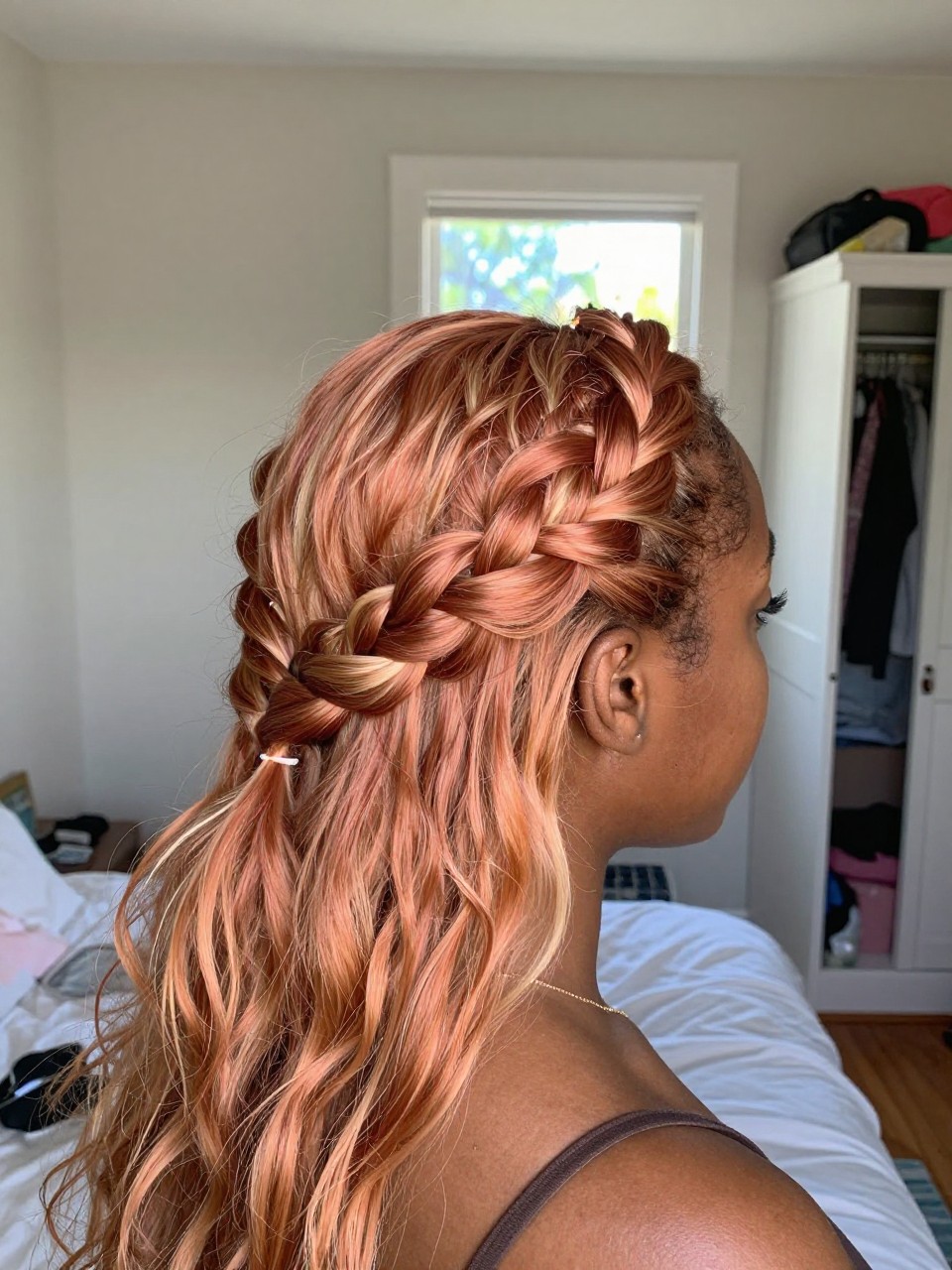 Photo of a black woman wearing a braided crown on strawberry blonde hair with light copper blonde highlights woven throughout, back-of-head view to highlight details, in a sun-drenched bedroom, natural window light, containing a small lived-in detail such as a tiny flower pin and a slightly open closet behind, latest iPhone photo quality.
