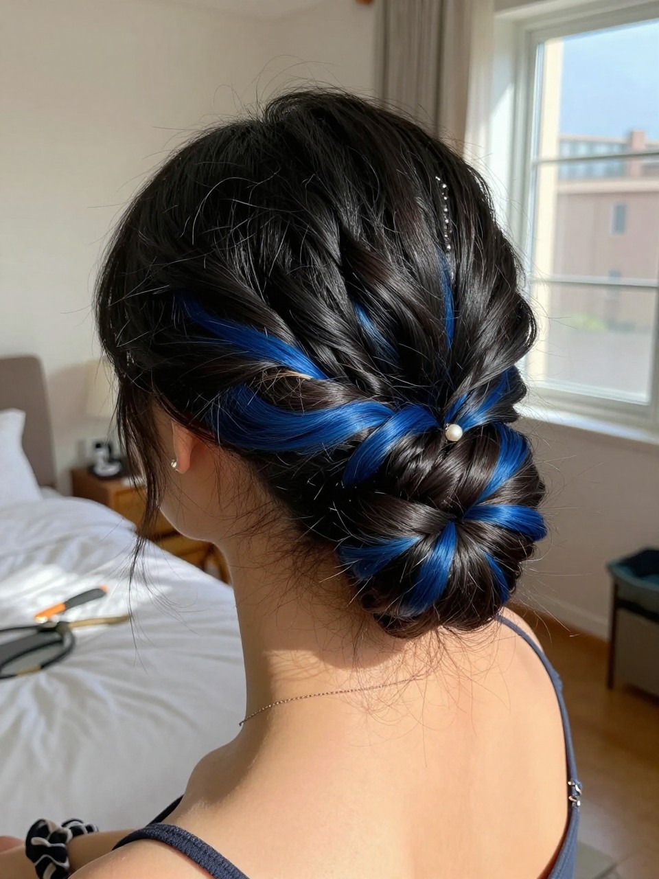 Photo of a woman wearing a low textured bun on black hair with blue peekaboo highlights woven through the twists, back-of-head view to highlight details, in a sun-drenched bedroom, natural window light, containing a small lived-in detail such as a pearl pin and a silk scrunchie on the wrist, latest iPhone photo quality.