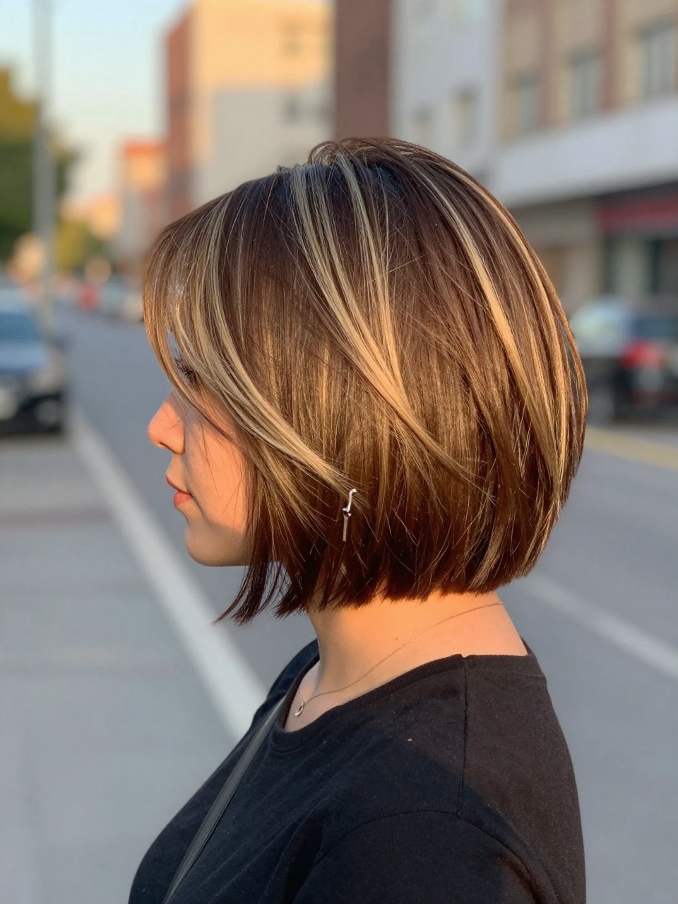 Photo of a woman wearing a short brown bob with chunky blonde highlight pieces and a sleek modern finish, back-of-head view to highlight details, in a softly blurred city street background, golden hour glow, containing a small lived-in detail such as a silver clip nearby and statement earrings peeking through, latest iPhone photo quality.