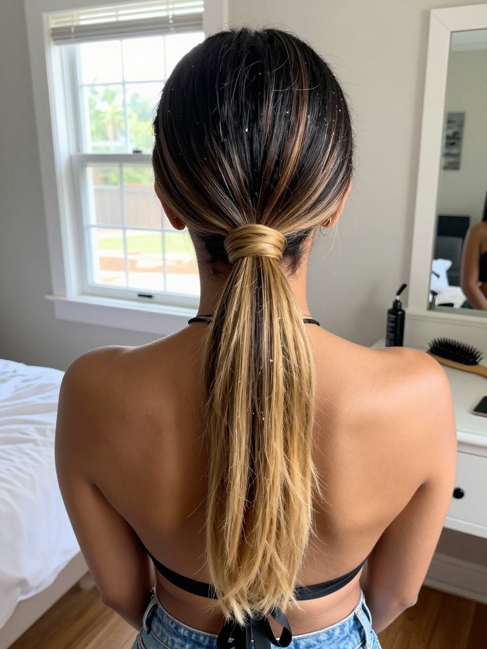 Photo of a biracial woman wearing a sleek low ponytail with black hair and blonde highlights through the tail and ends, back-of-head view to highlight details, in a sun-drenched bedroom, natural window light, containing a small lived-in detail such as a black ribbon tied at the base and a hairbrush on the vanity, latest iPhone photo quality.