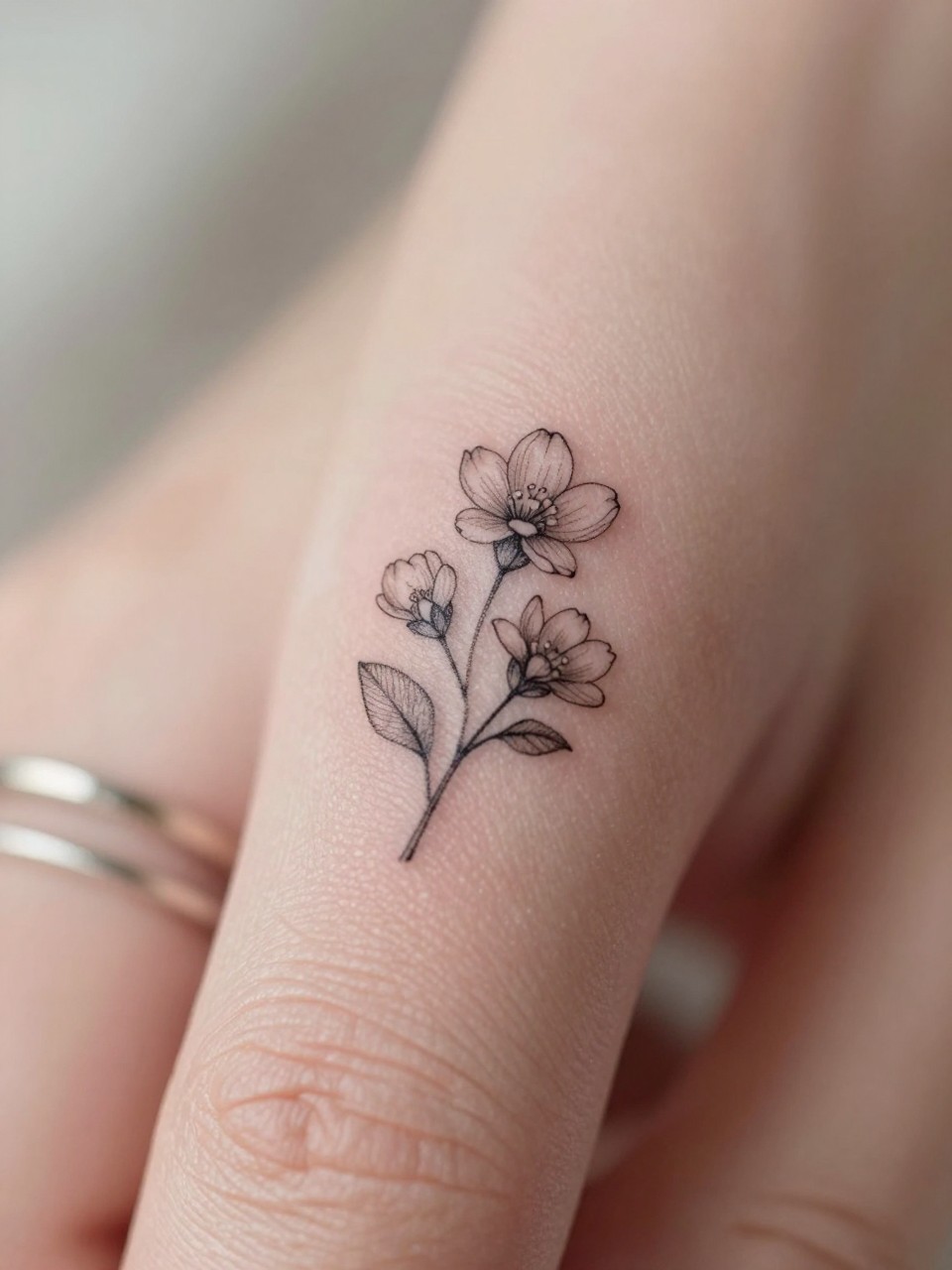 Image Prompt: "Macro shot of a micro jasmine tattoo on the side of the finger, black ink fine line floral design, tiny stem and delicate petals, minimalist micro tattoo style, realistic skin texture, delicate rings, neutral manicure, very tight crop, soft blurred background, feminine tattoo inspiration photo with tattoo as the main focus (no watermarks on images)"