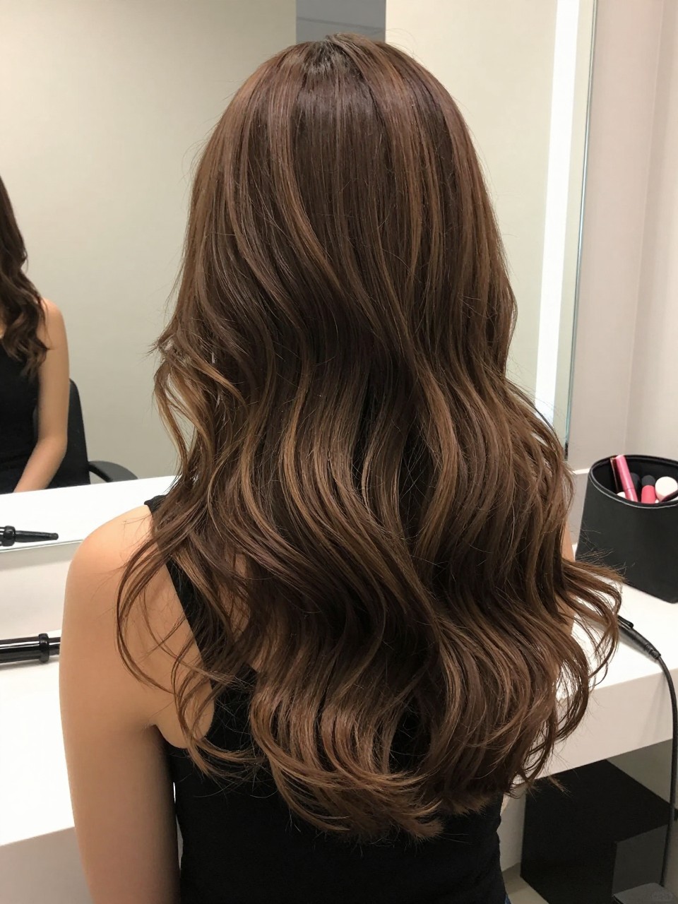 Photo of a woman wearing chocolate brown balayage with soft lighter ends in loose waves, back-of-head view to highlight the blended brunette ends, bathroom vanity mirror setting, soft indoor lighting, with a curling iron on the counter and a makeup bag nearby, latest iPhone photo quality.