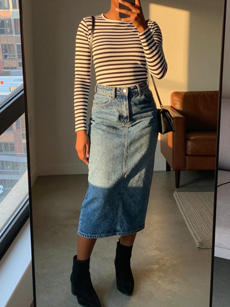 mirror selfie of a black woman wearing a fitted black and white striped long-sleeve shirt tucked into a mid-wash denim midi skirt with black suede ankle boots, holding a small crossbody bag, standing with one foot slightly forward, cropped at NECK so face doesn't show, in a city apartment, evening golden hour, iPhone photo quality.