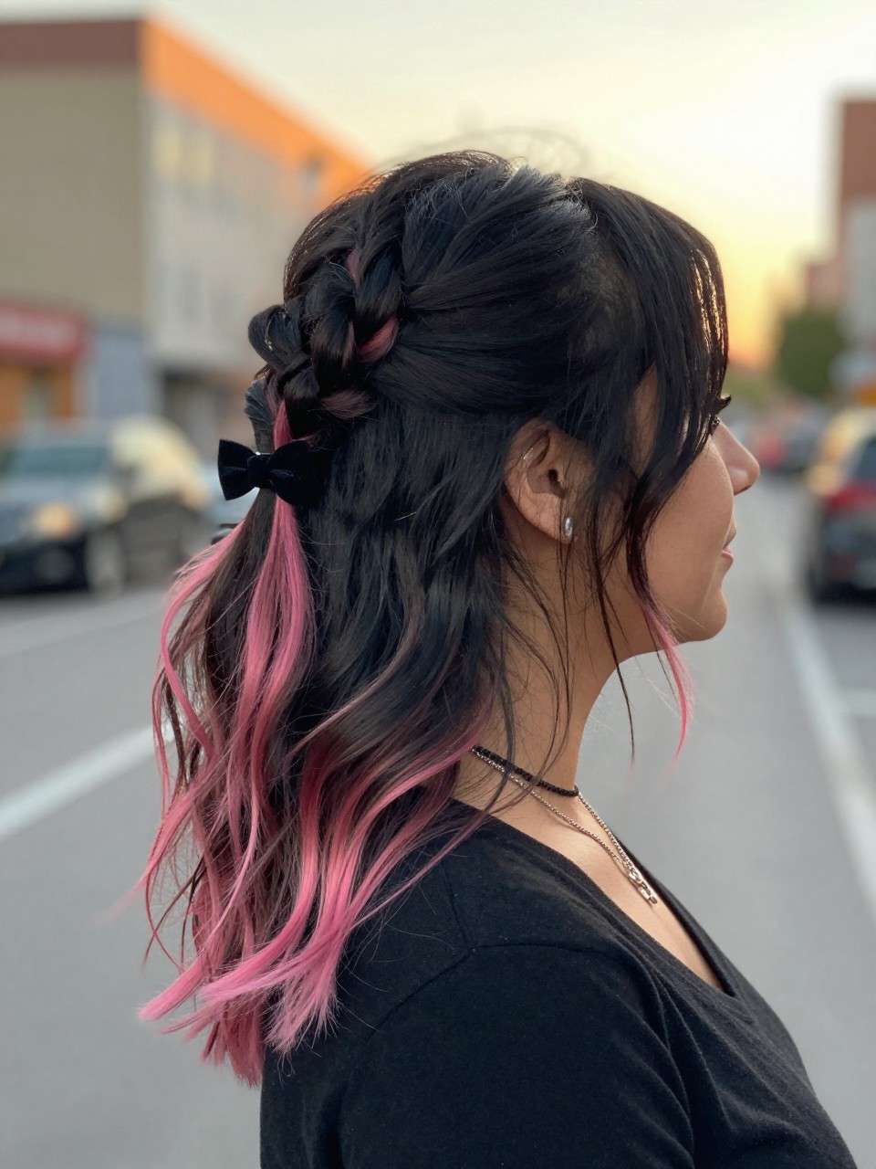 Photo of a woman wearing a half-up twisted hairstyle on black hair with pink highlights through the loose lengths, side profile view, in a softly blurred city street background, golden hour glow, containing a small lived-in detail such as a bow clip at the back and layered necklaces, latest iPhone photo quality.