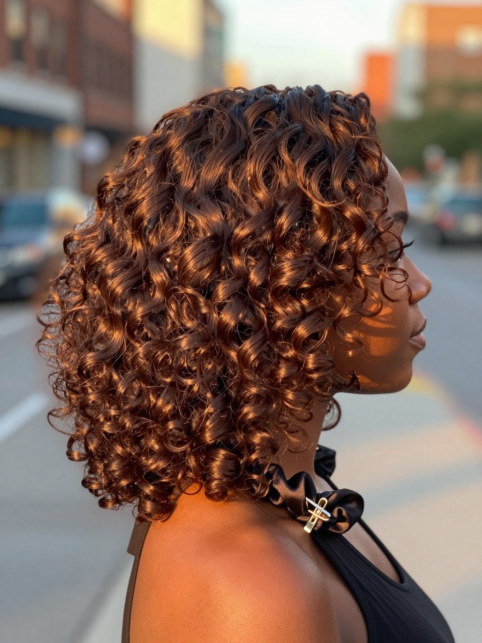 Photo of a black woman wearing mocha chocolate brown curls with soft definition and glossy shine, back-of-head view to highlight the curl shape and rich brown tone, softly blurred city street background, golden hour glow, with a silk scrunchie on her wrist and a hair clip clipped to her collar, latest iPhone photo quality.