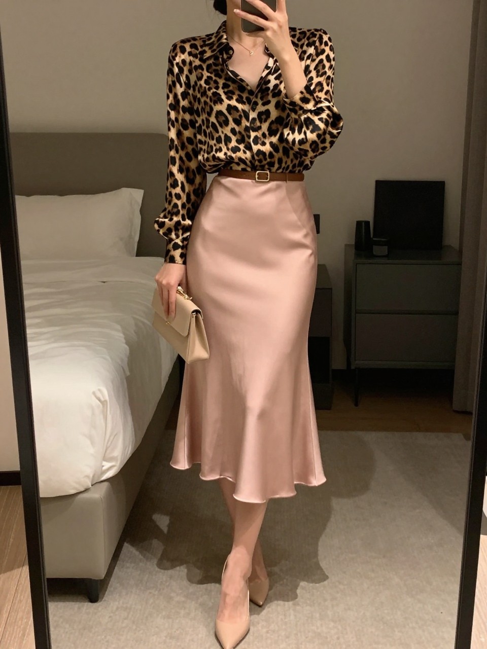 iPhone mirror selfie of a woman wearing a leopard print silk blouse tucked into a blush pink satin midi skirt with nude pointed heels and a thin brown belt, holding a small nude clutch, standing in an elegant pose, cropped at NECK so face doesn't show, in a feminine-themed bedroom, warm moody lighting, iPhone photo quality.