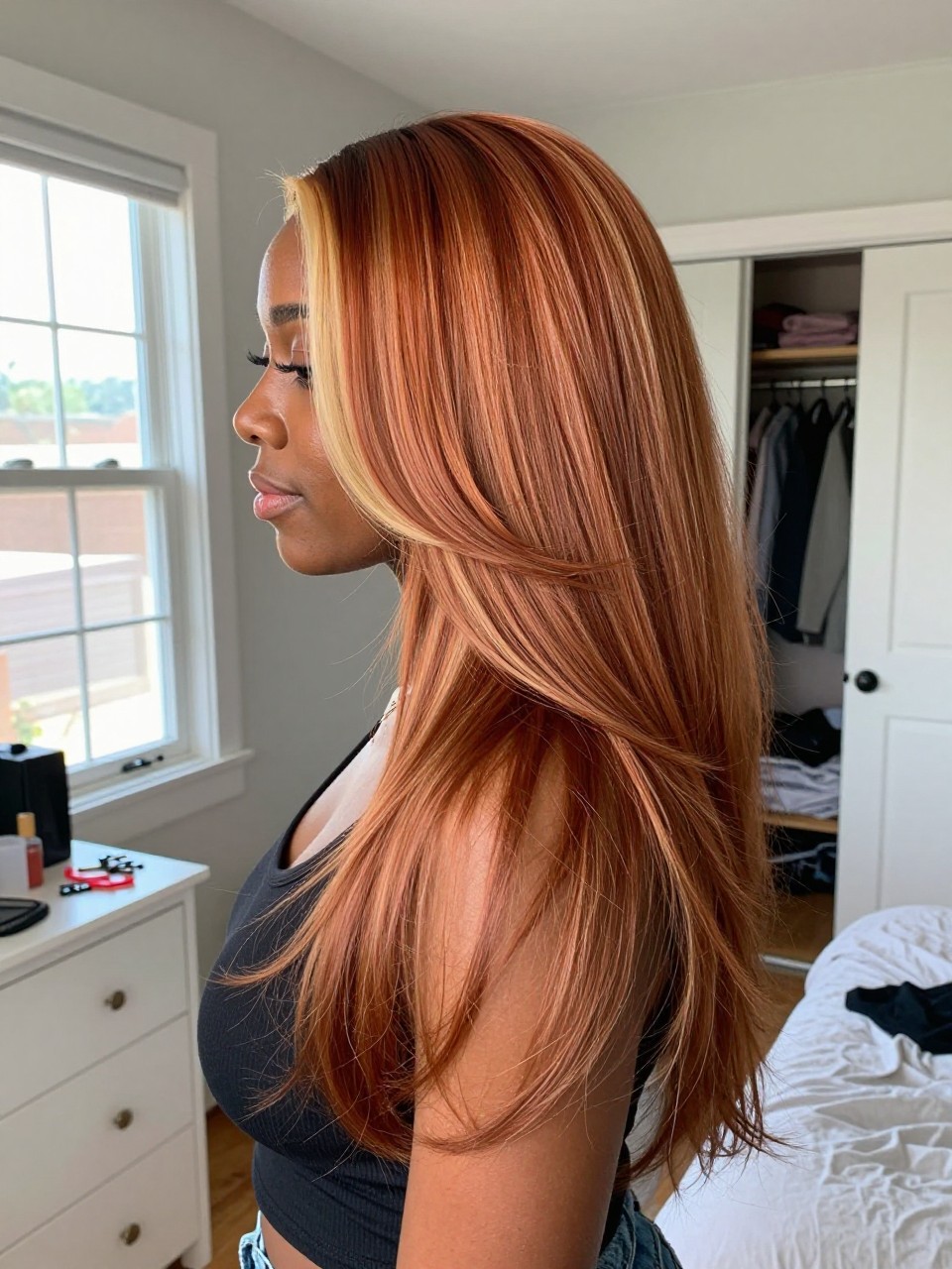 Photo of a black woman wearing long layered copper hair with beige blonde highlights and soft movement, side profile view, in a sun-drenched bedroom, natural window light, containing a small lived-in detail such as sectioning clips on the dresser and a slightly open closet behind, latest iPhone photo quality.