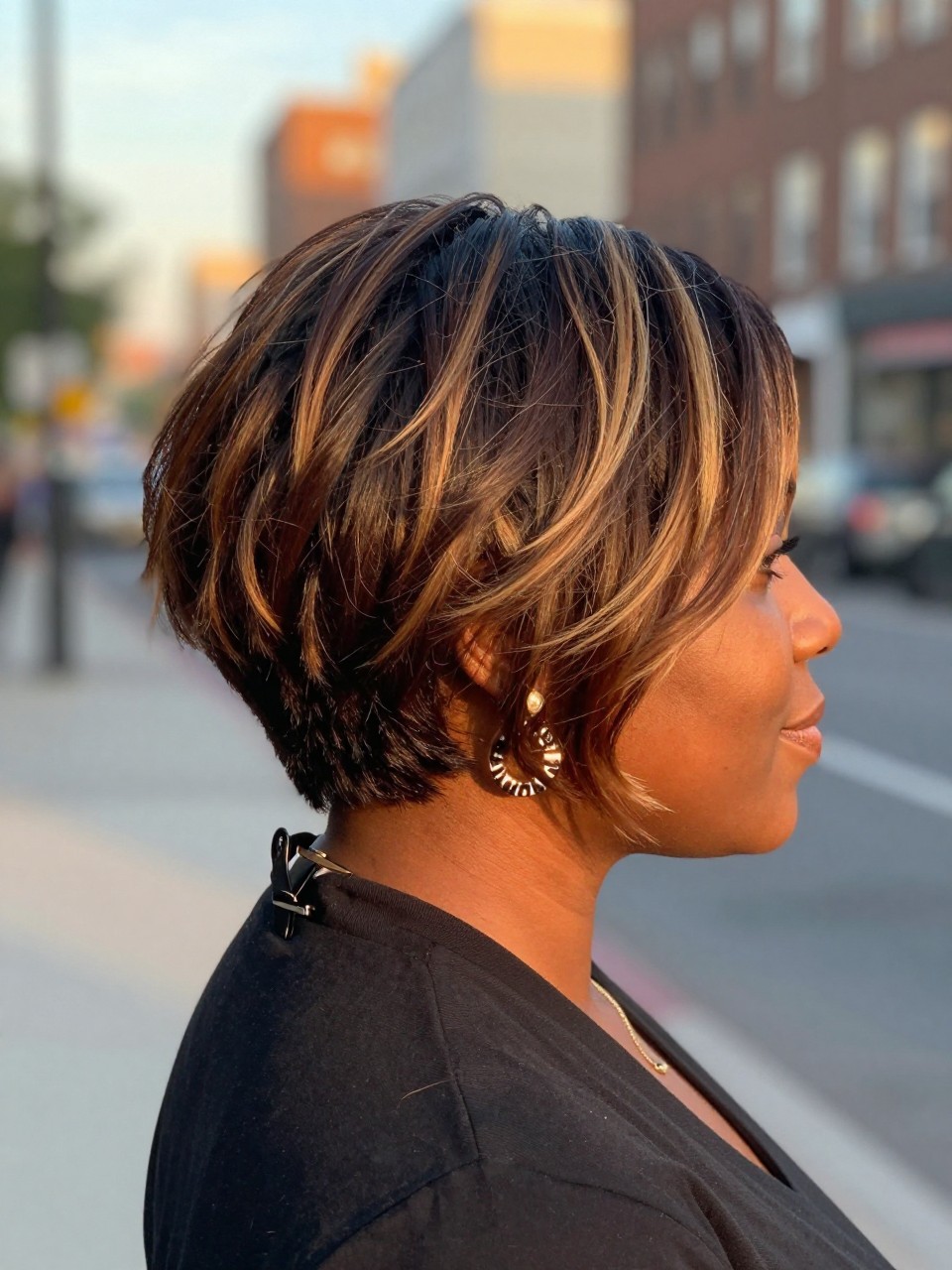 Photo of a black woman wearing a tousled short brunette bob with beige highlights and soft choppy texture, back-of-head view to highlight details, in a softly blurred city street background, golden hour glow, containing a small lived-in detail such as a hair clip clipped to the collar and statement earrings peeking through, latest iPhone photo quality.
