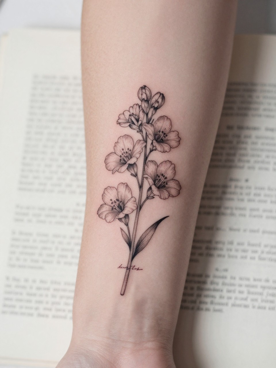 Image Prompt: "Close-up of a larkspur flower tattoo with tiny handwritten name script on the inner forearm, black ink fine line floral design, delicate blossoms, soft shading, elegant cursive detail, realistic skin texture, book page underneath the arm, feminine soft lifestyle context, clean background, tattoo-centered inspiration photo (no watermarks on images)"
